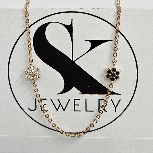 White and Black Diamond 2 Sides Charm in One Necklace/14K gold White and Black Diamond Yard Flower Choker/2 Sides Diamond/Anniversary Gift