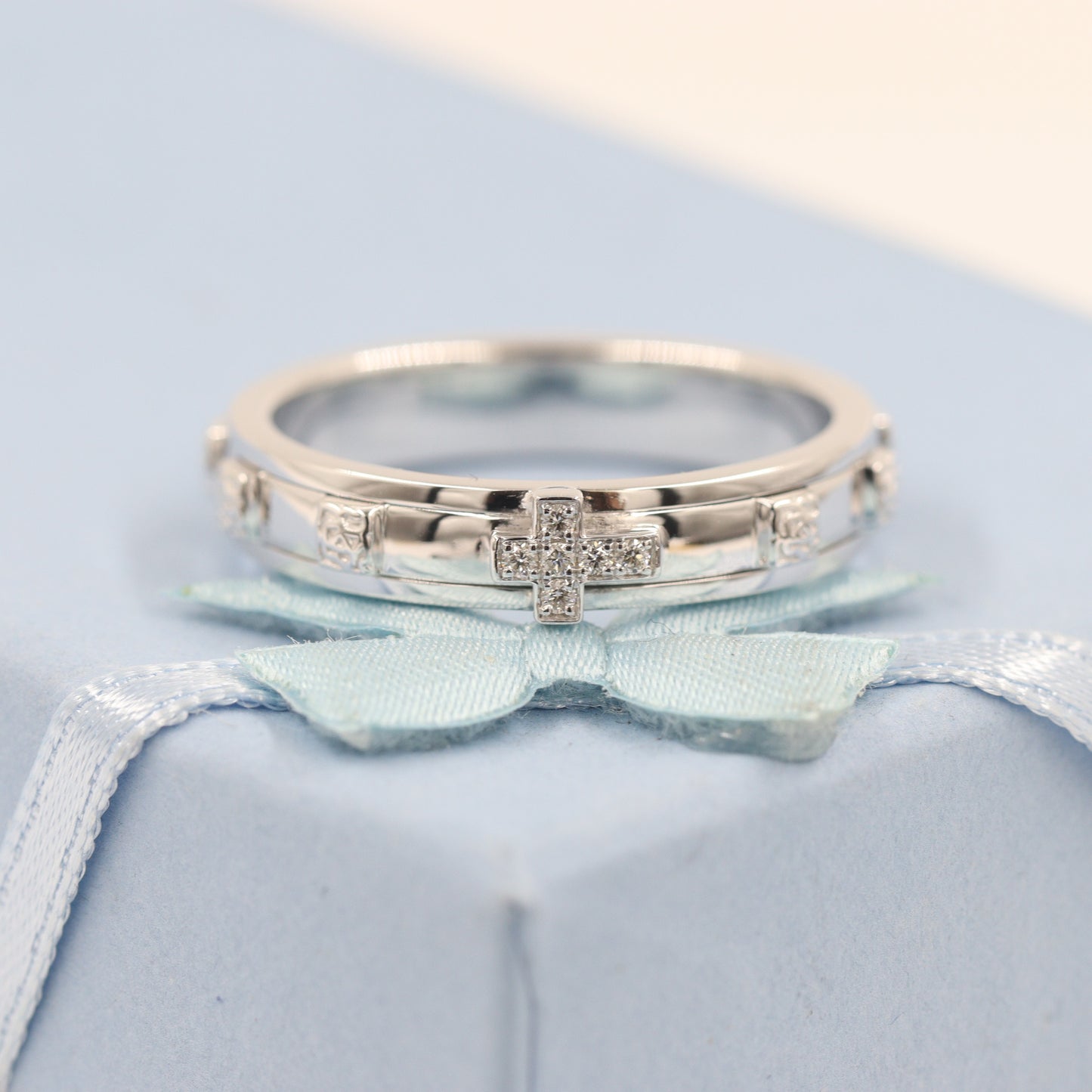 Diamond Rosary Ring / Natural Diamond Delicate Christian Band / Stackable Ring / Women , Men Rosary non spinning Ring / Anniversary Ring