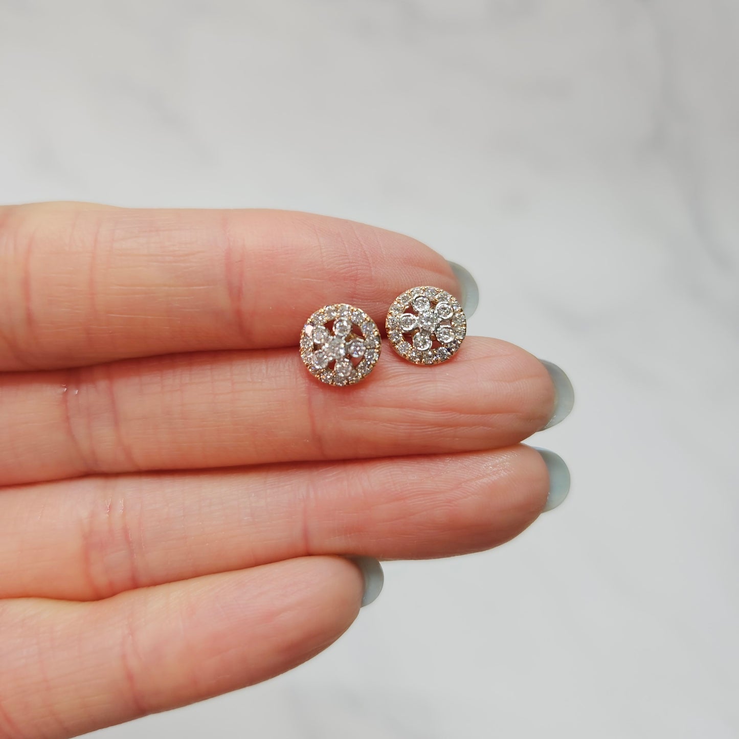 Round Natural Diamond Flower Earrings/Handmade Diamond Earrings/Diamond Stud Flower Earrings/14k gold Dainty Earrings/Anniversary gift