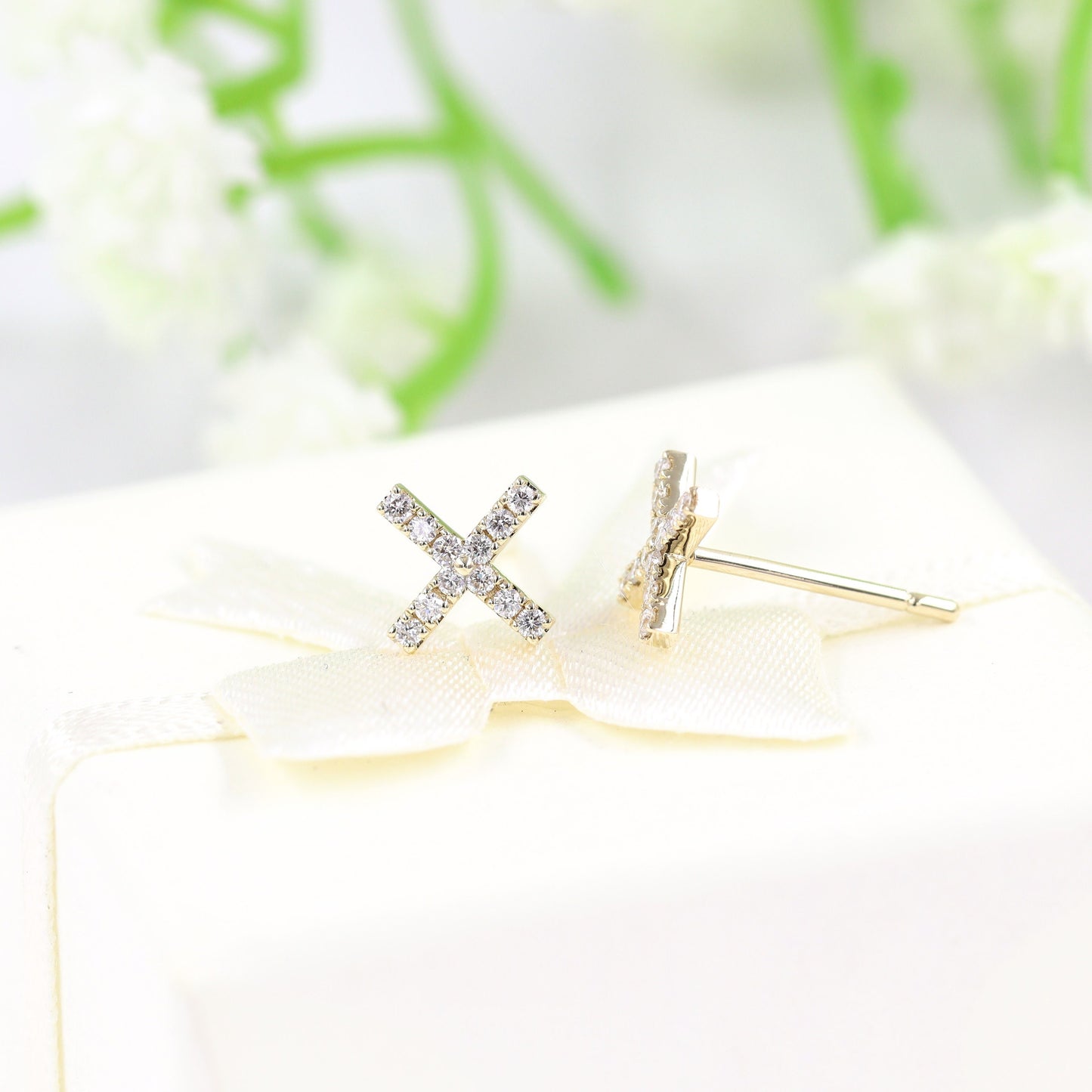 14k gold Natural Diamond X Stud Earrings: Dainty Solid Gold, Handmade