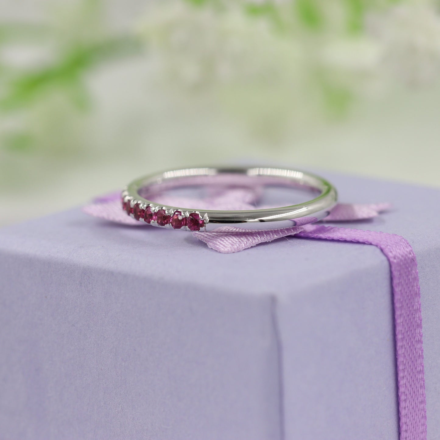 14K Gold Pink Sapphire Eternity Ring - Handmade Anniversary Band