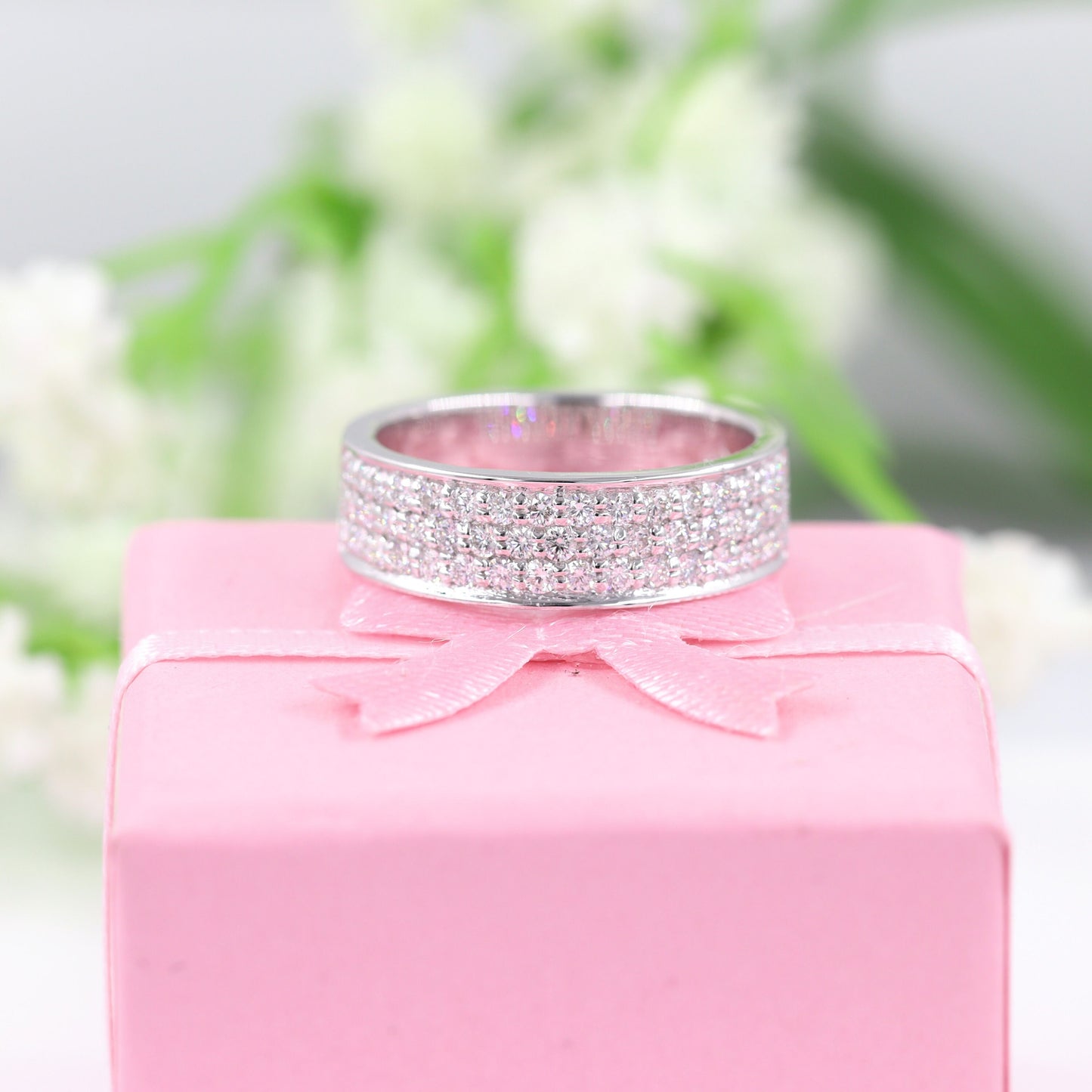 14K Gold 3 Row Natural Diamond Eternity 6mm Band: Triple Row Anniversary Ring