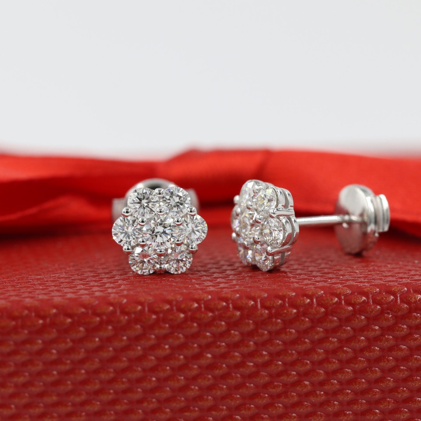 1.1ct Natural Diamond Cluster Earrings: 14K Gold Halo Studs, European Lock - Anniversary gift