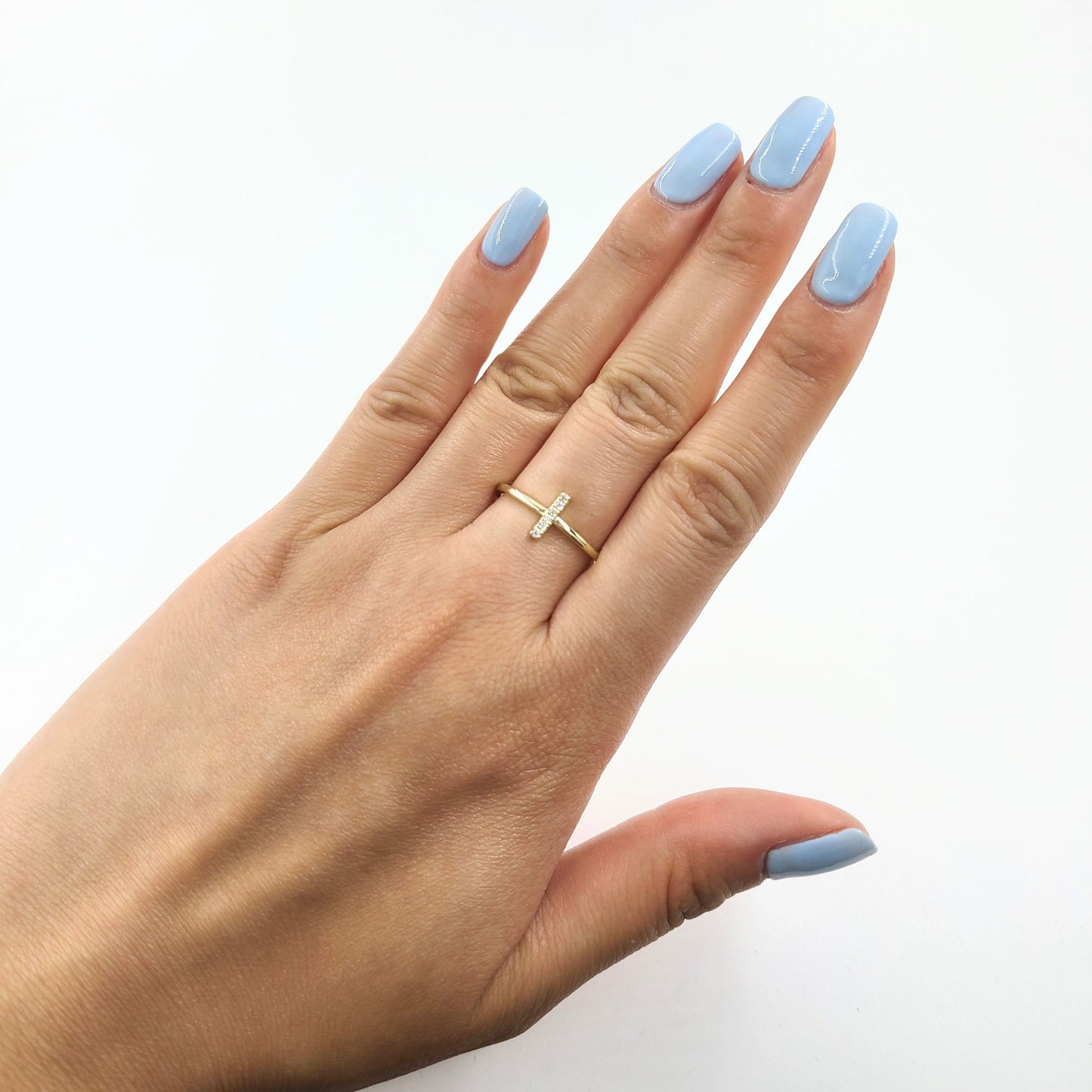 14k Gold Natural Diamond Bar Ring: Dainty Stacking Band - Anniversary Gift