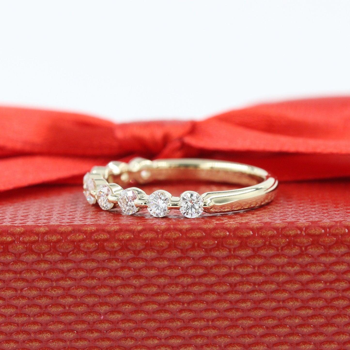 Half Natural Diamond Single Prong Wedding Band: 14K Gold Eternity Ring - Anniversary Gift