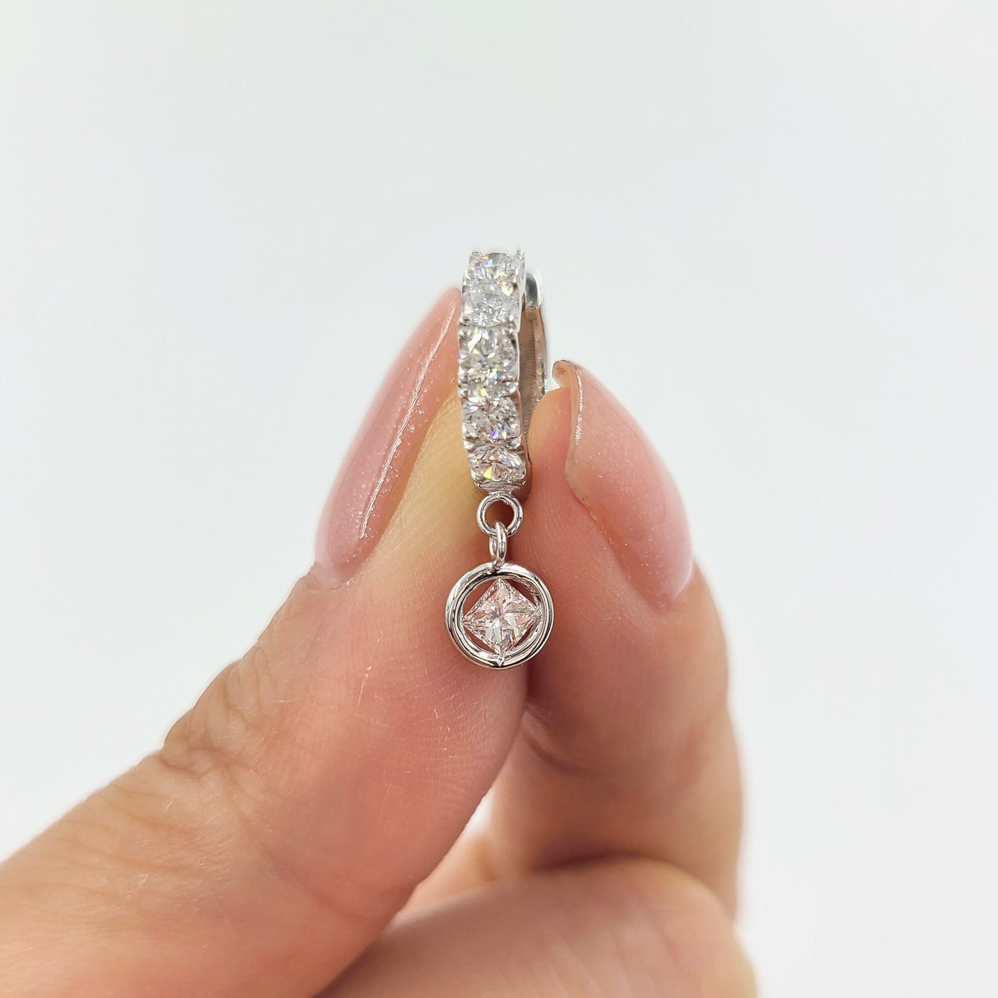 14K Gold Natural Diamond Hoop Earrings with Dangle: Princess Cut Huggies, 1ct