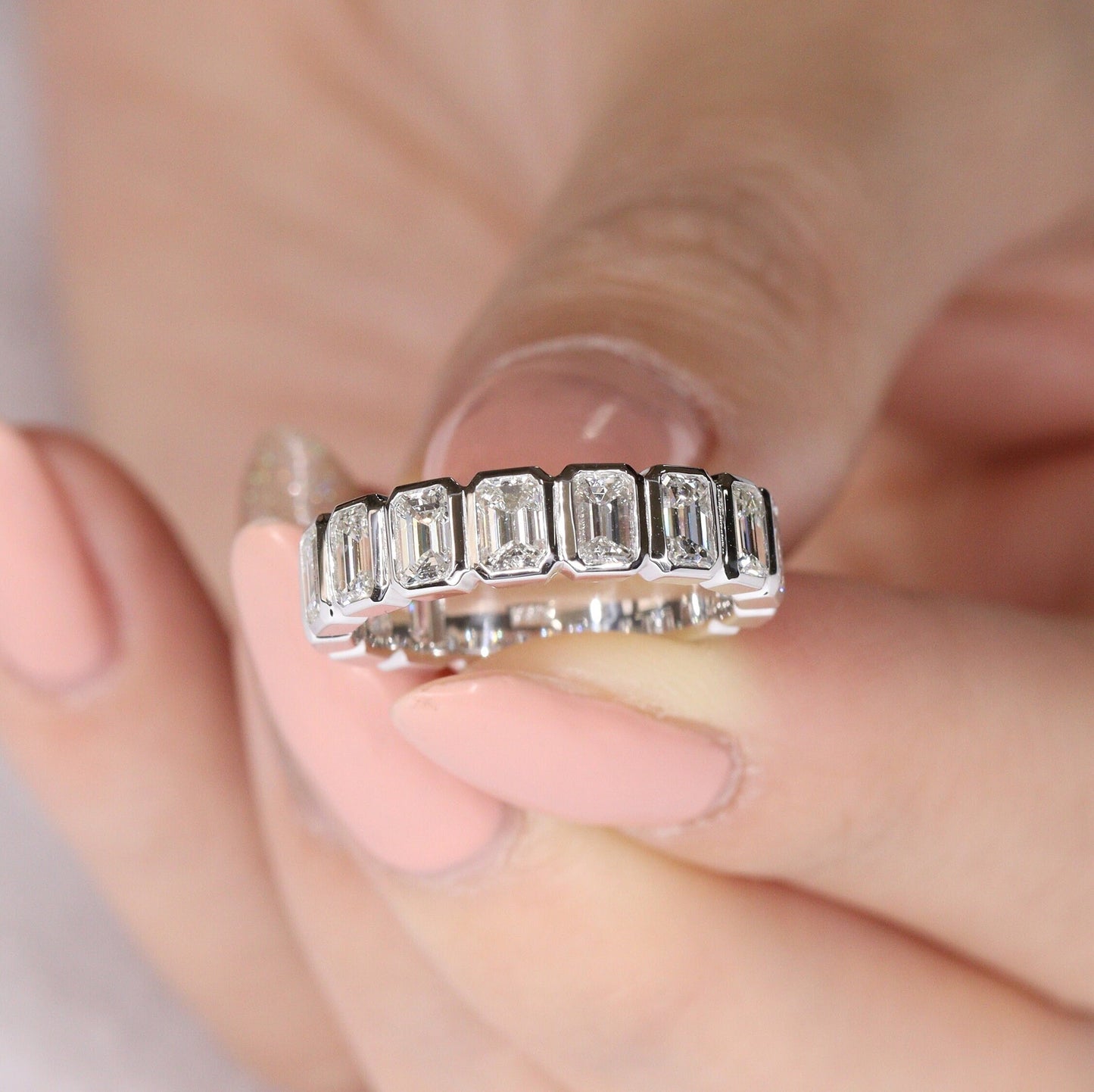 Handmade 2.4ct Emerald Cut Natural Diamond Band: 14k Gold Bezel Set Ring - 18K Gold, Platinum Diamond Ring - Anniversary gift