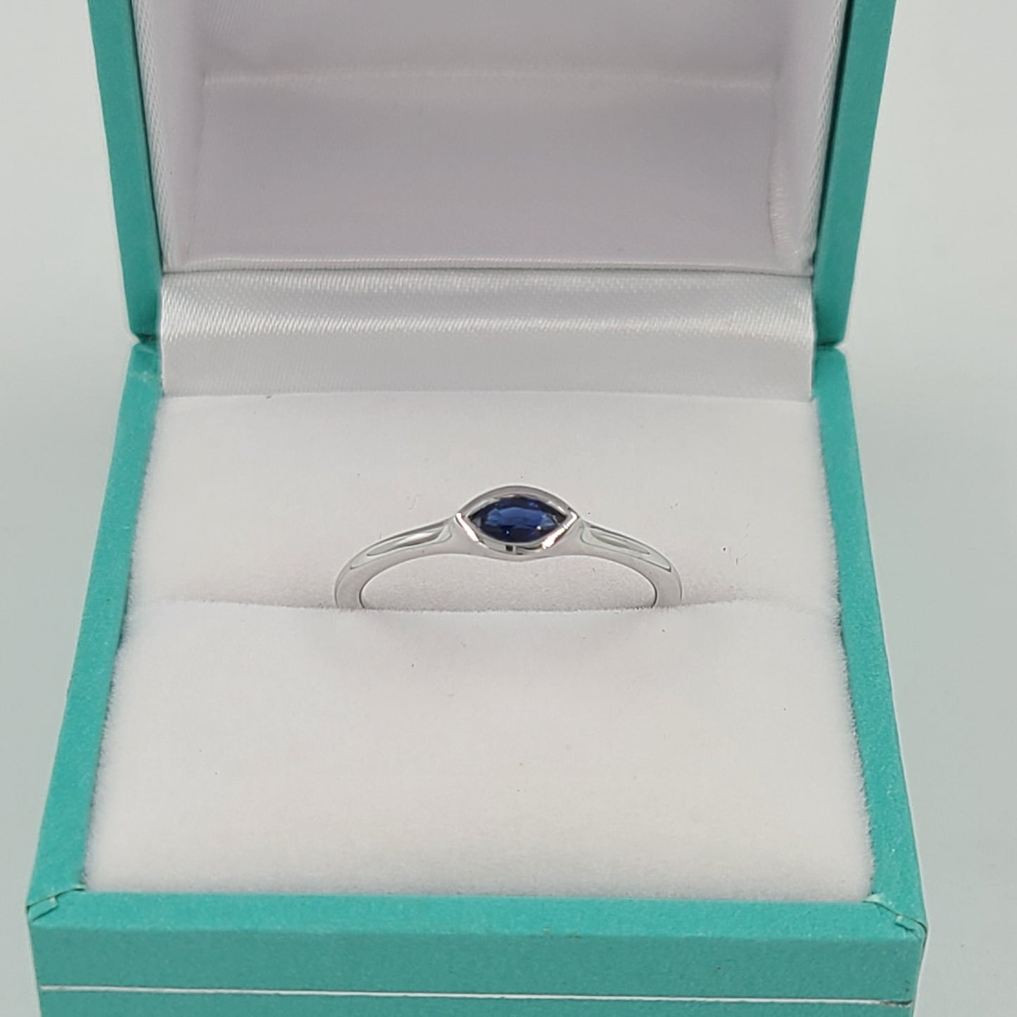 14K Gold Marquise Blue Sapphire Ring: Handmade Bezel Band
