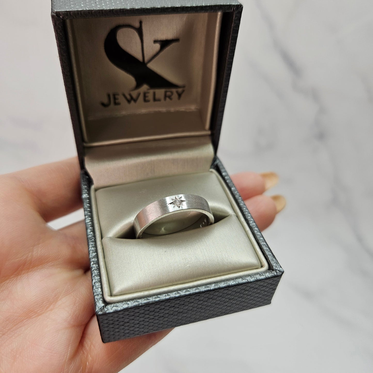14K Gold Natural Diamond Star Ring: Handmade Flat 4.5mm Wedding Ring - Anniversary gift