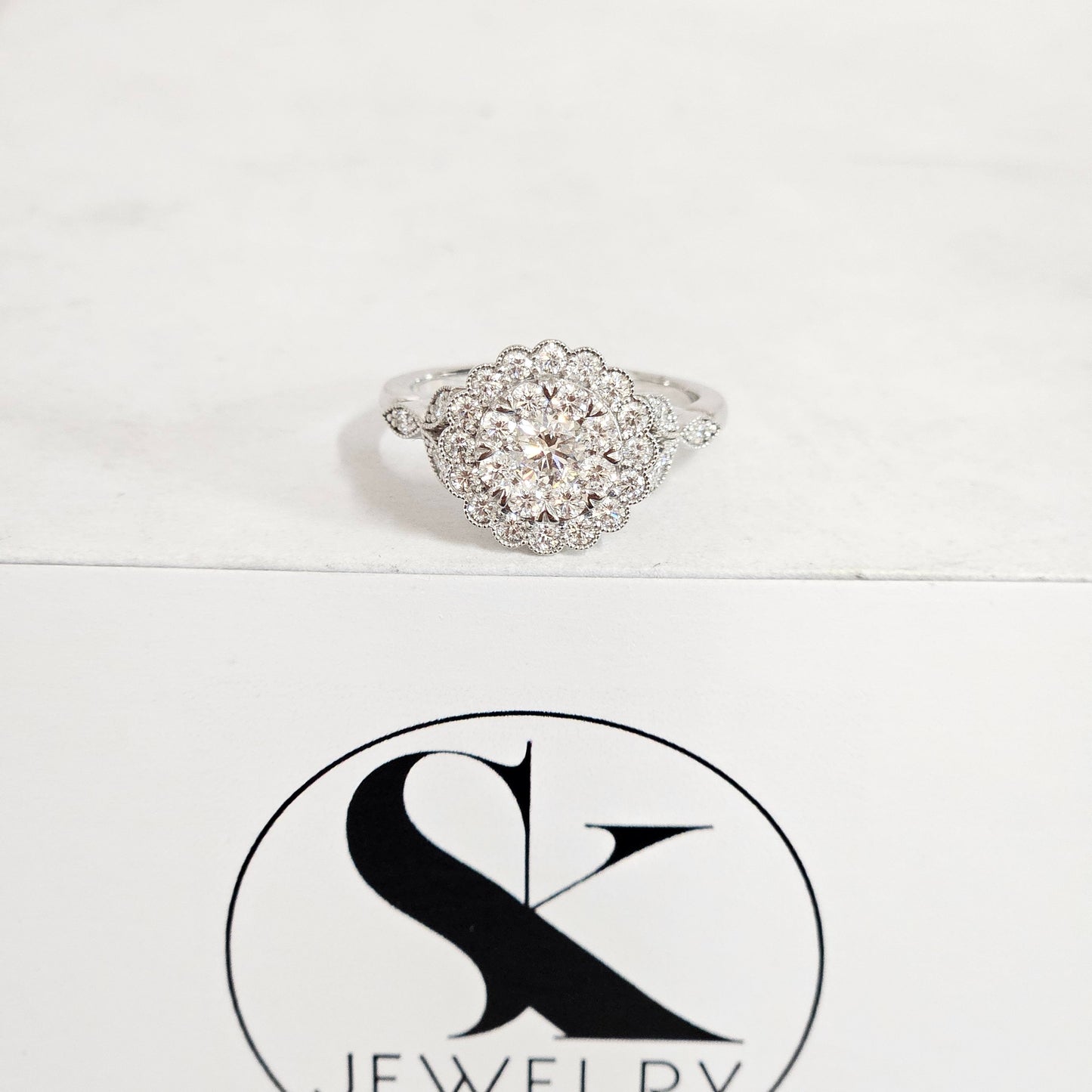 14K Gold Round Halo Natural Diamond Engagement Ring: Handmade Bridal Ring- Anniversary Gift