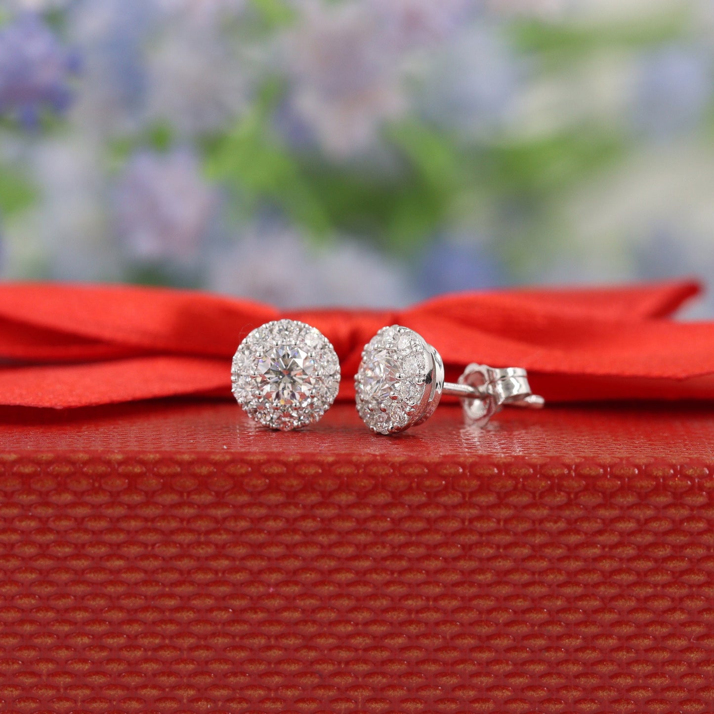 Halo Diamond Stud Earrings: 1.1ct Natural Diamond, 14K Gold