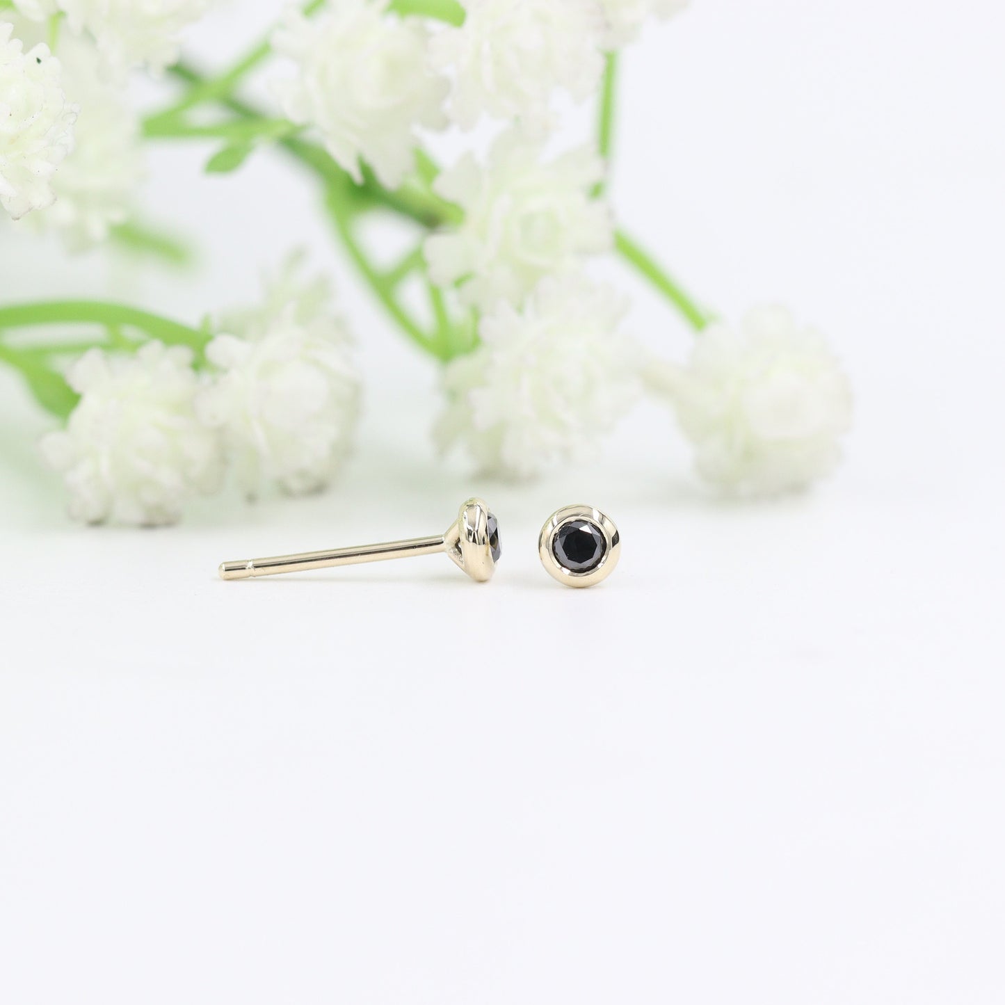 14K Gold Solitaire Black Diamond Stud Earrings: Bezel Set