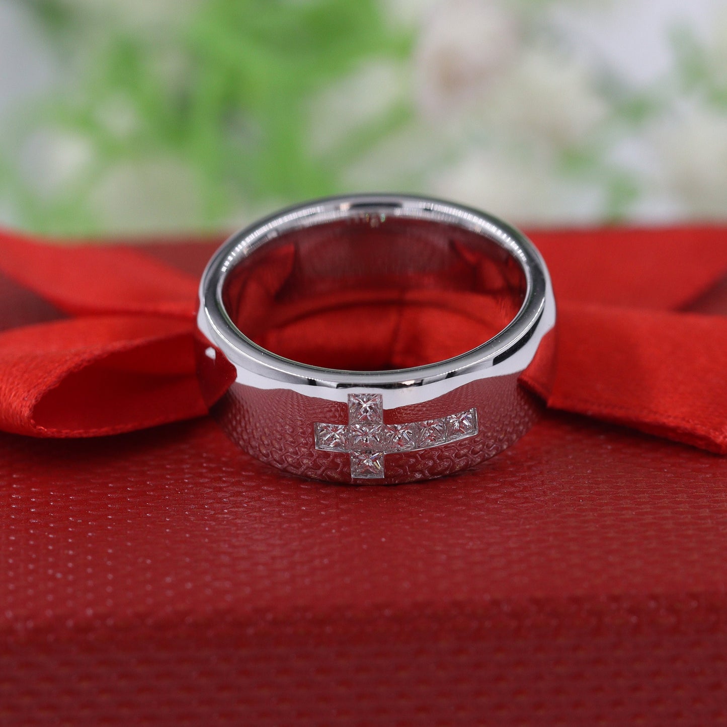 Princess Cut Natural Diamond Cross Ring: 14K Gold Religious Band - Anniversary gift