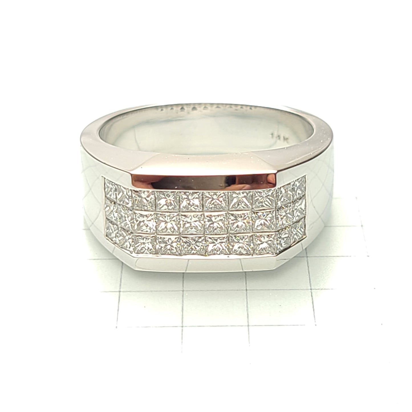 Princess Cut 1.9ct 3 Row Natural Diamond Men's Ring: 14K Gold Invisible Setting Wedding Band