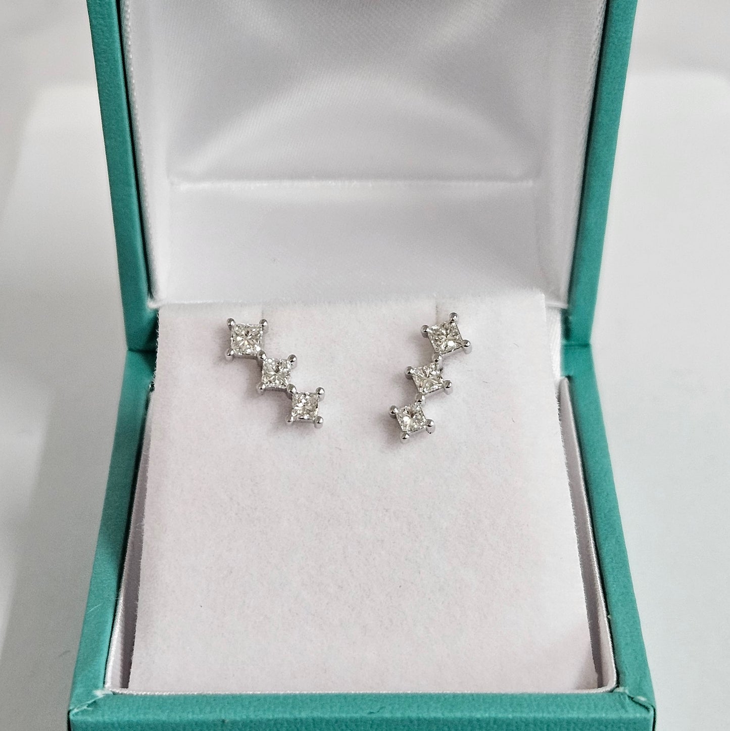 princess Cut Three Natural Diamonds Stud Earrings/Diamond Stud Earrings/ Women's Stud Earrings/Anniversary gift