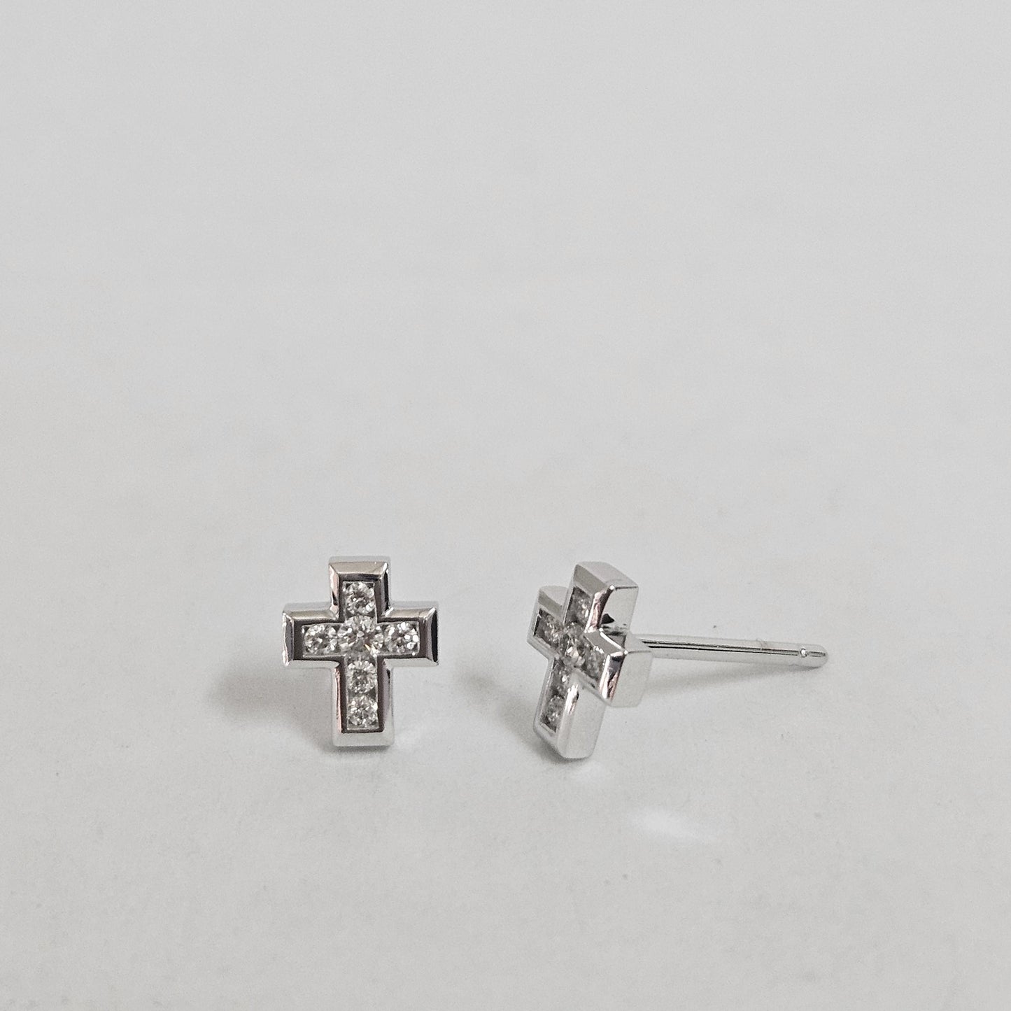 14k Gold Diamond Cross Earrings, Handmade Dainty Studs