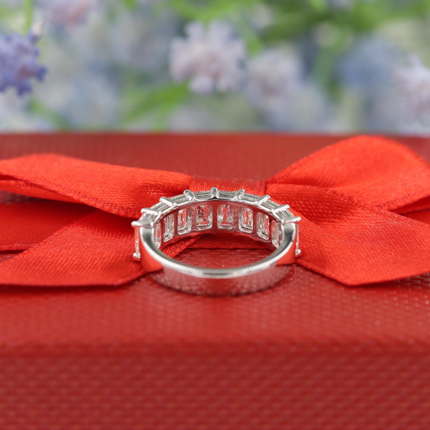 GIA Emerald Cut Diamond Ring: 14K Gold Half Eternity Wedding Band