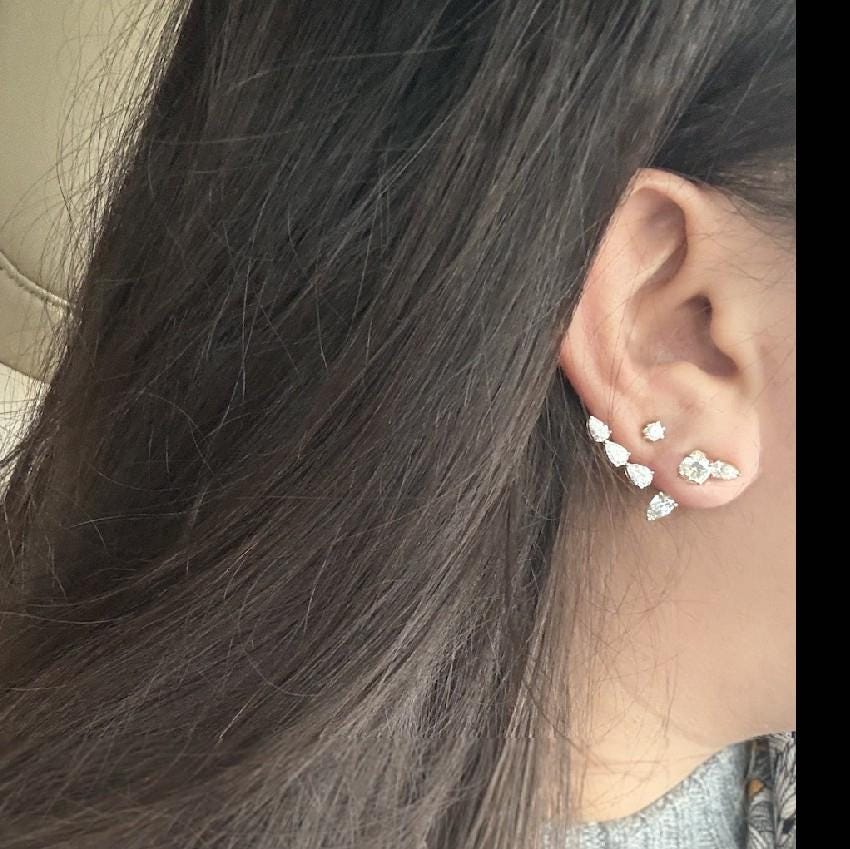 14K Gold Pear Diamond Earring Jacket: Handmade Three Stone Design Jacket earring - Anniversary gift