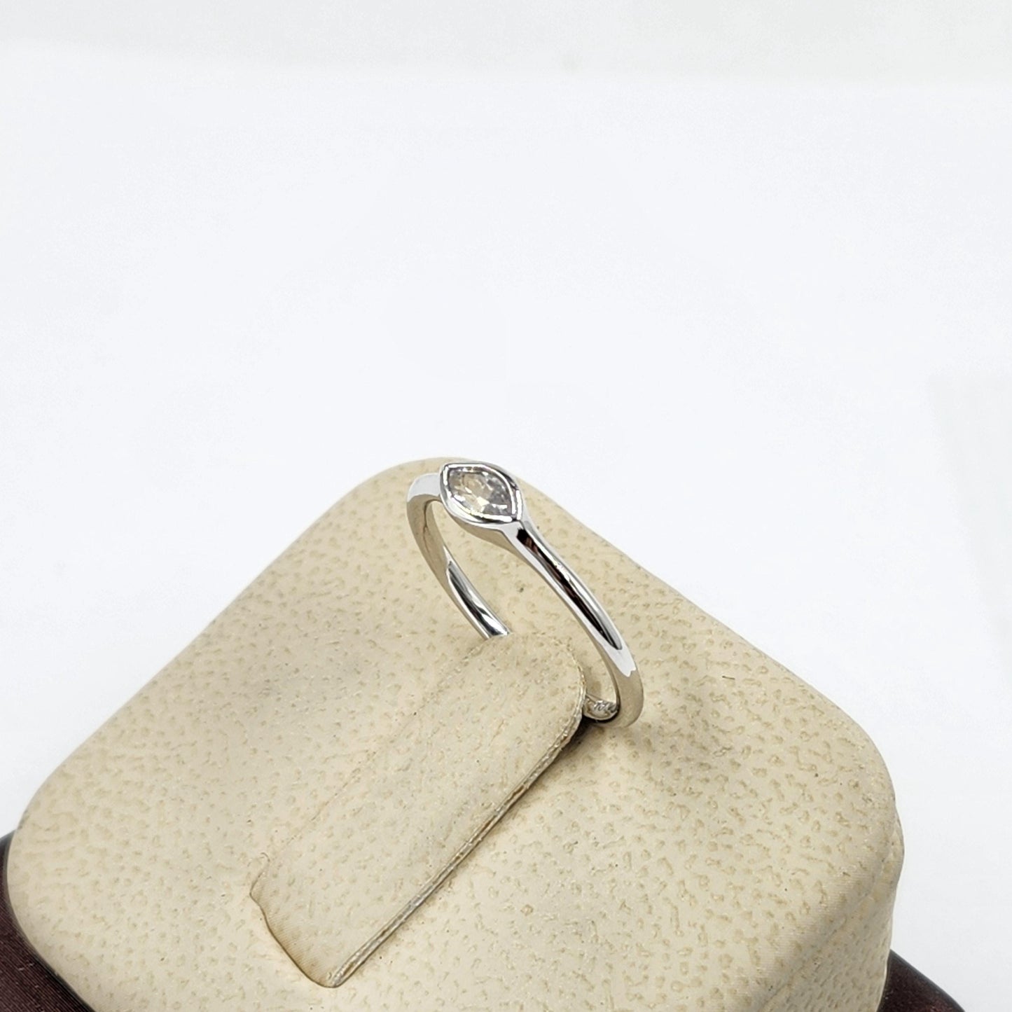 14K Gold Marquise White Sapphire Ring - Handmade Bezel Stackable Ring