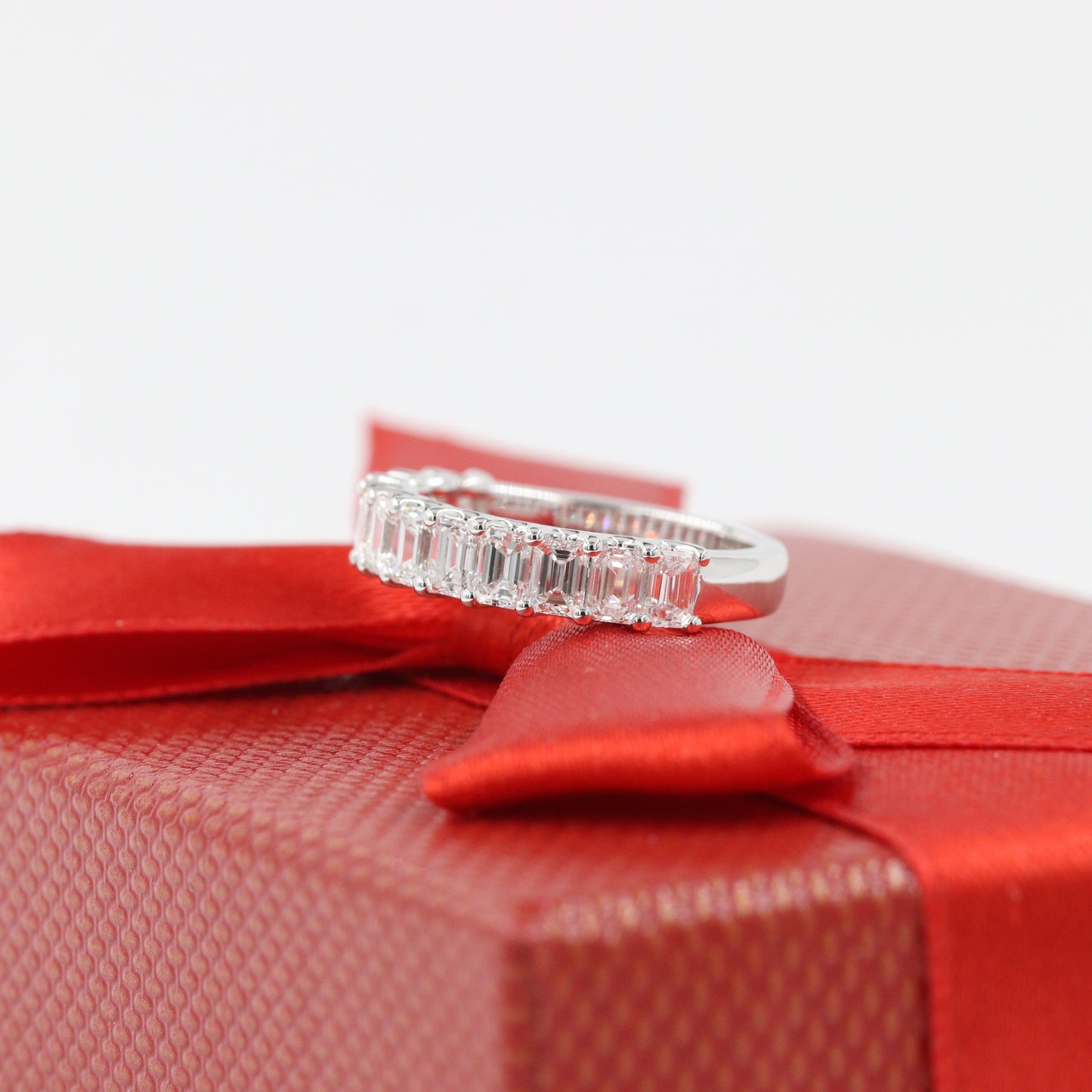 1.6ct Emerald Cut Diamond Half Eternity Wedding Band/Emerald Cut Diamond U-shape Wedding Ring/Anniversary gift Ring/Stackable Diamond Band