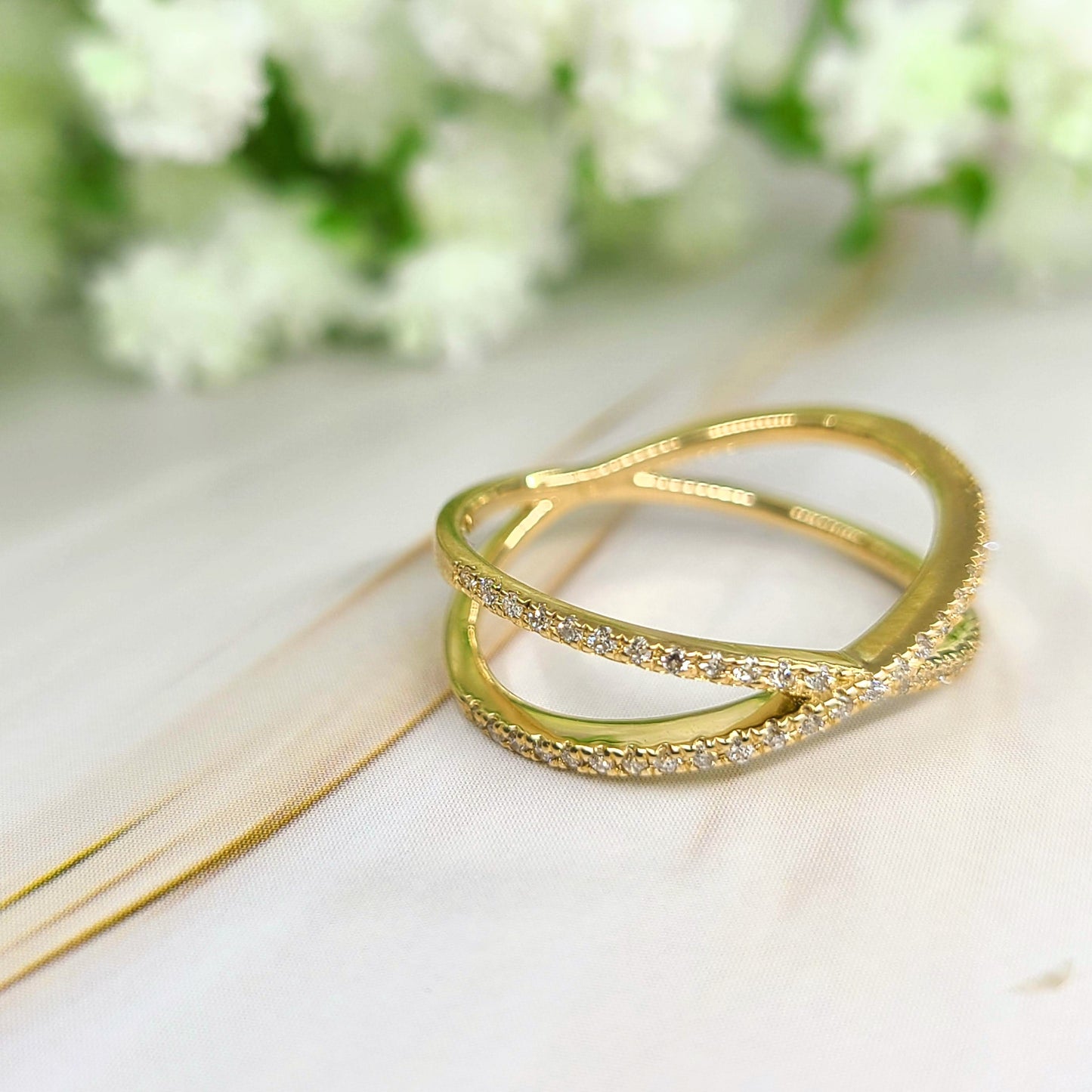 Crisscross X Ring/Diamond Wedding Band/Half Eternity Diamond Double Band 14K Solid Gold Ring/Stackable Ring/X Ring/Stackable Ring