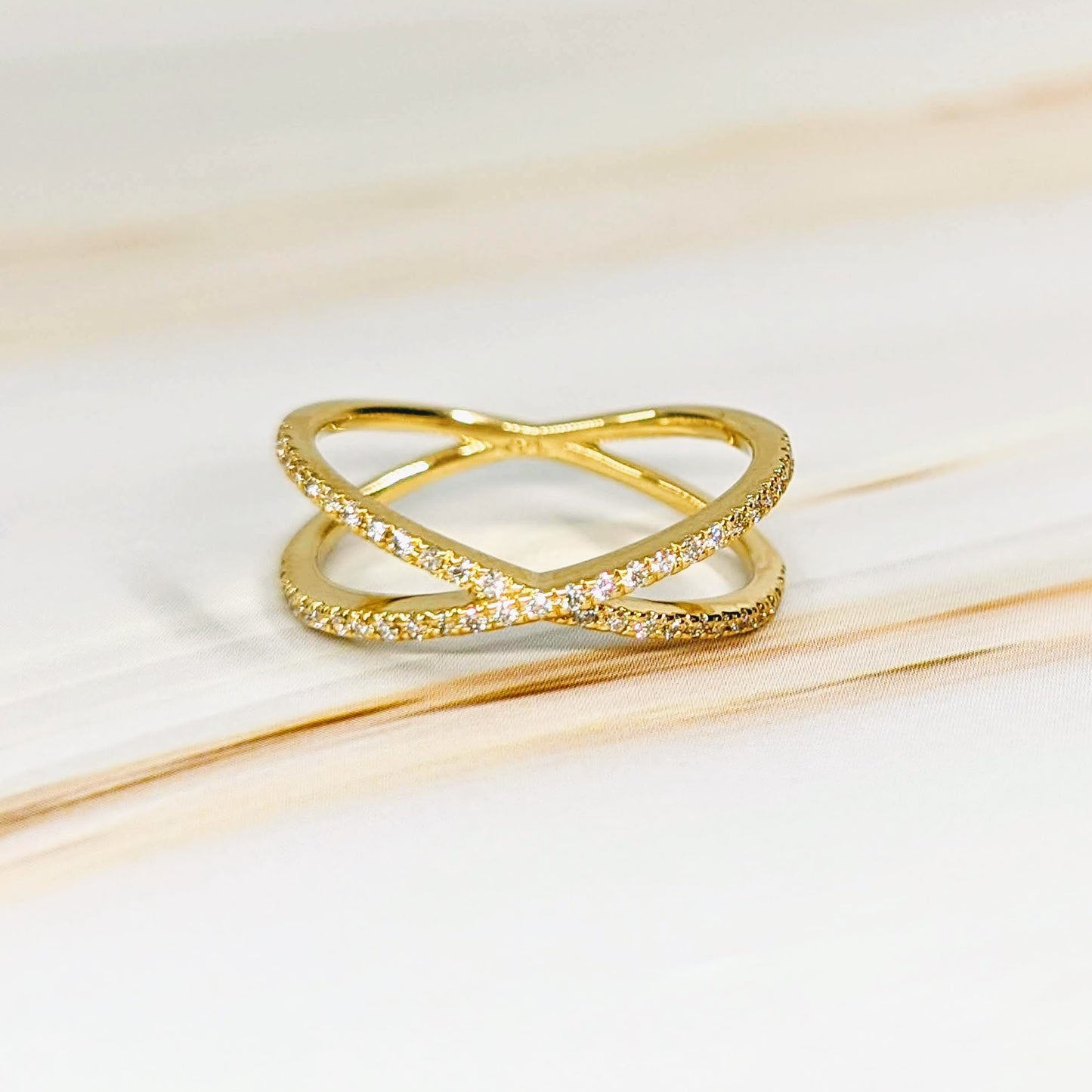 Crisscross X Ring/Diamond Wedding Band/Half Eternity Diamond Double Band 14K Solid Gold Ring/Stackable Ring/X Ring/Stackable Ring