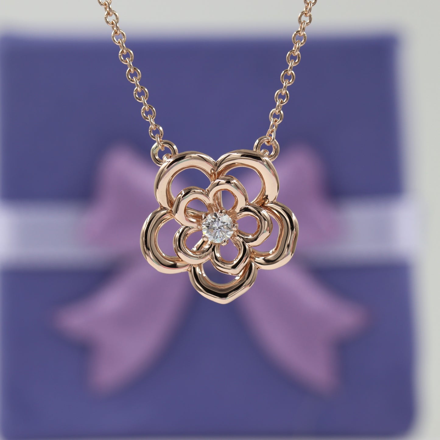Diamond Necklace / Rose Diamond Pendant / Diamond Flower Necklace / Unique /14K Solid Gold Diamond Necklace /Anniversary Gift