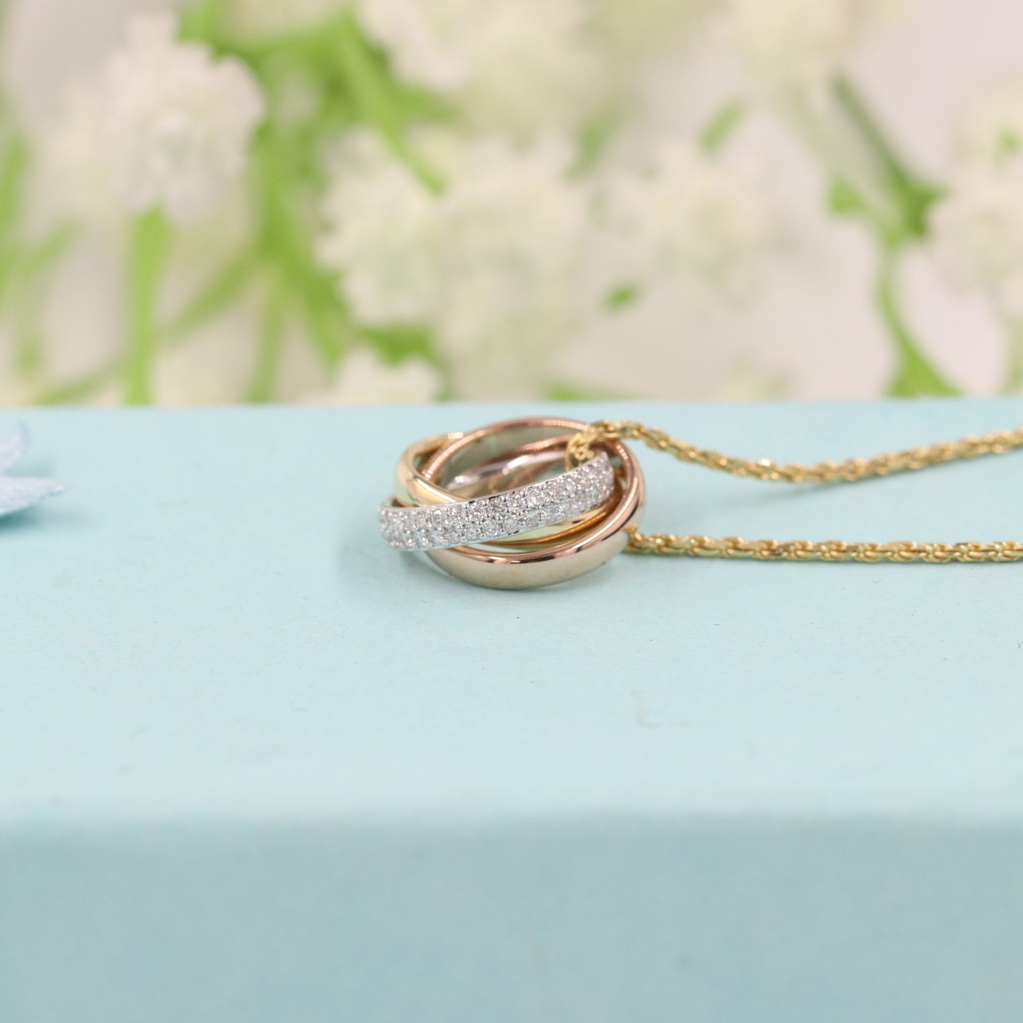 Trinity Diamond Necklace with Rope Chain/ Small Circle Pendant /14K Gold Necklace/ Luxury Necklace/ Gift for Her/ Anniversary Gift