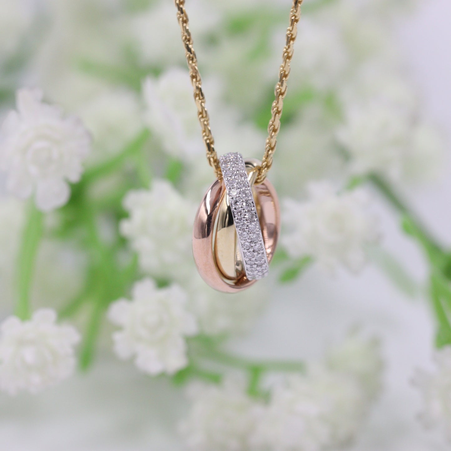 Trinity Diamond Necklace with Rope Chain/ Small Circle Pendant /14K Gold Necklace/ Luxury Necklace/ Gift for Her/ Anniversary Gift