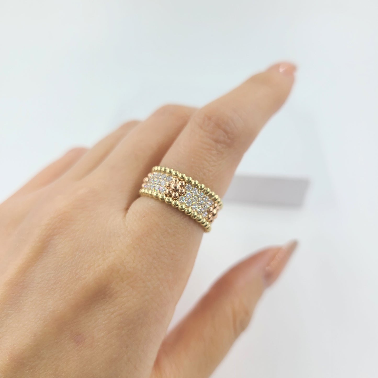 14K Yellow & Rose gold Triple Row Diamond Eternity Ring/Unique 3 Row Diamond Band/Double Bead Diamond Ring/Antique Anniversary Diamond ring