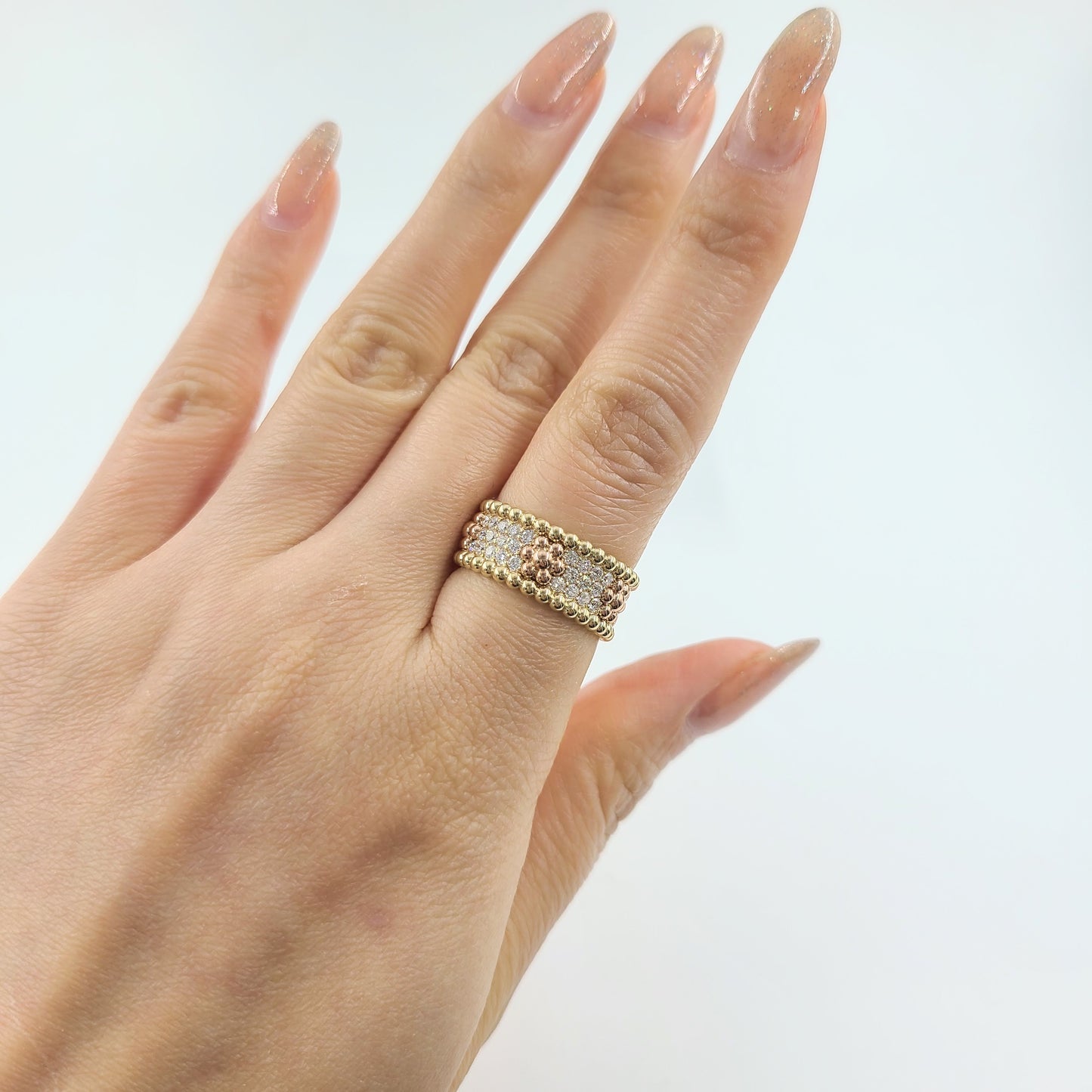 14K Yellow & Rose gold Triple Row Diamond Eternity Ring/Unique 3 Row Diamond Band/Double Bead Diamond Ring/Antique Anniversary Diamond ring