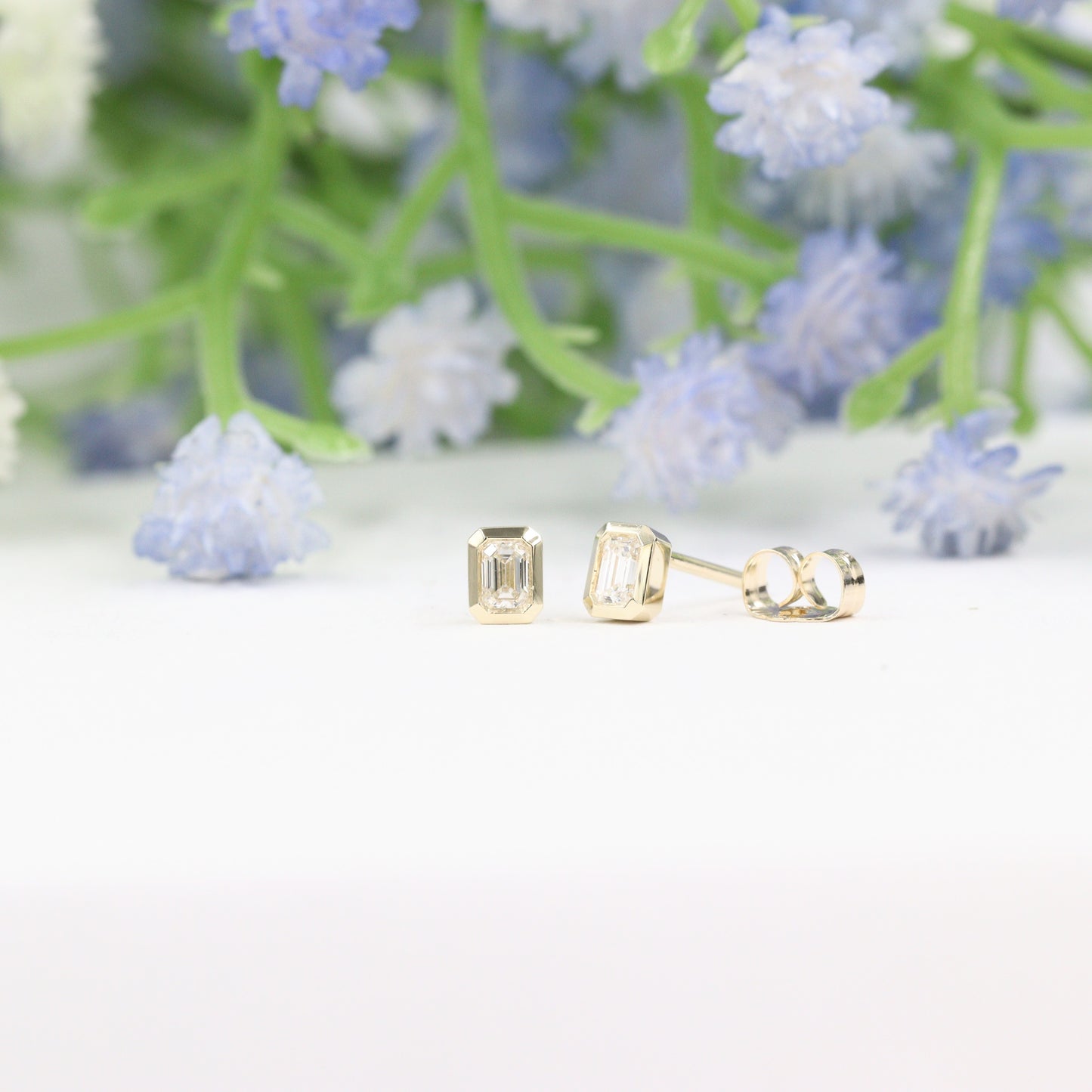 Emerald Cut Natural Diamond 0.22ct Solitaire Bezel Set Earrings/14K,18K gold Diamond Earrings/Gift for her Stud Earrings/Anniversary gift