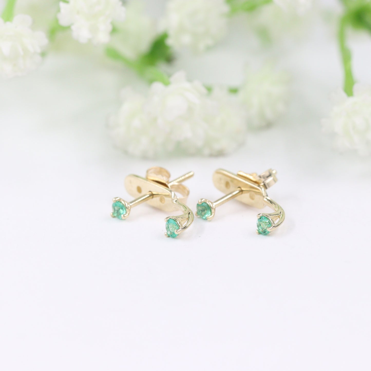 14K Gold Round Emerald Jacket Earrings: 0.1ct Natural Round Emerald Prong Studs - Anniversary gifts