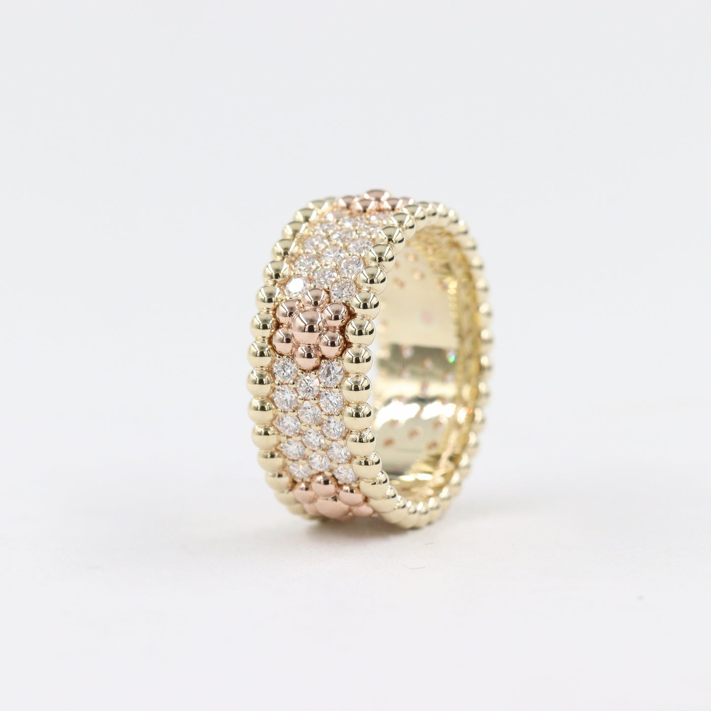 14K Yellow & Rose gold Triple Row Diamond Eternity Ring/Unique 3 Row Diamond Band/Double Bead Diamond Ring/Antique Anniversary Diamond ring