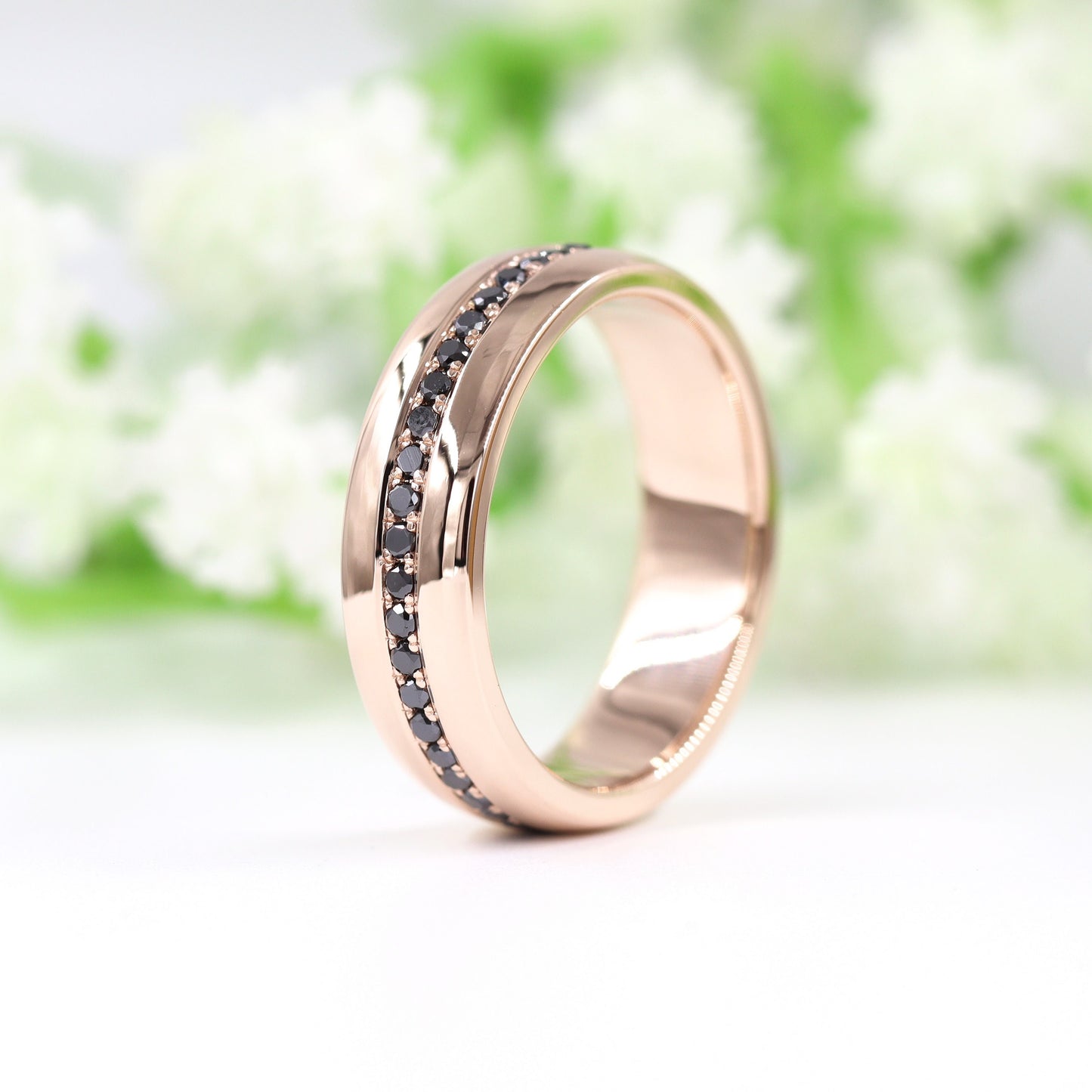 Black Diamond Wedding Band/ Black Diamond Women Ring / 14K gold Stackable Black Domed Wedding Ring / Anniversary Gift