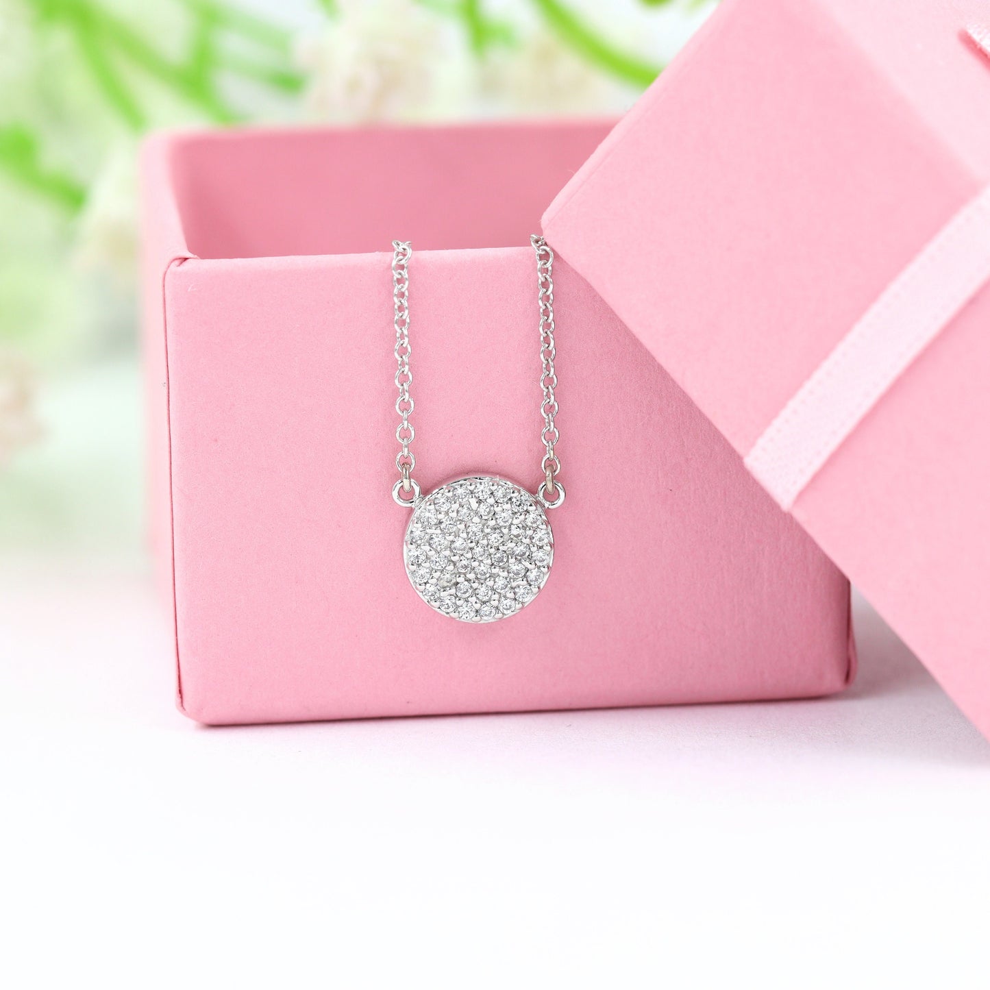 Diamond Necklace / Round Diamond Disc Pendant / Solid 14K Gold Necklace / Diamond Layering Necklace / Graduation Gift / Gift for Her