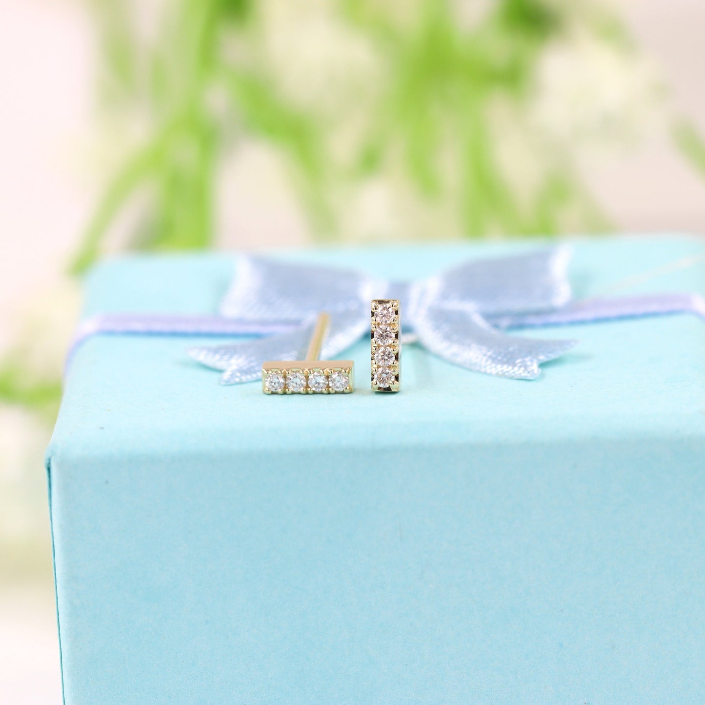 14K Gold Natural Diamond Bar Stud Earrings: Minimalist Handmade Jewelry - Anniversary gift