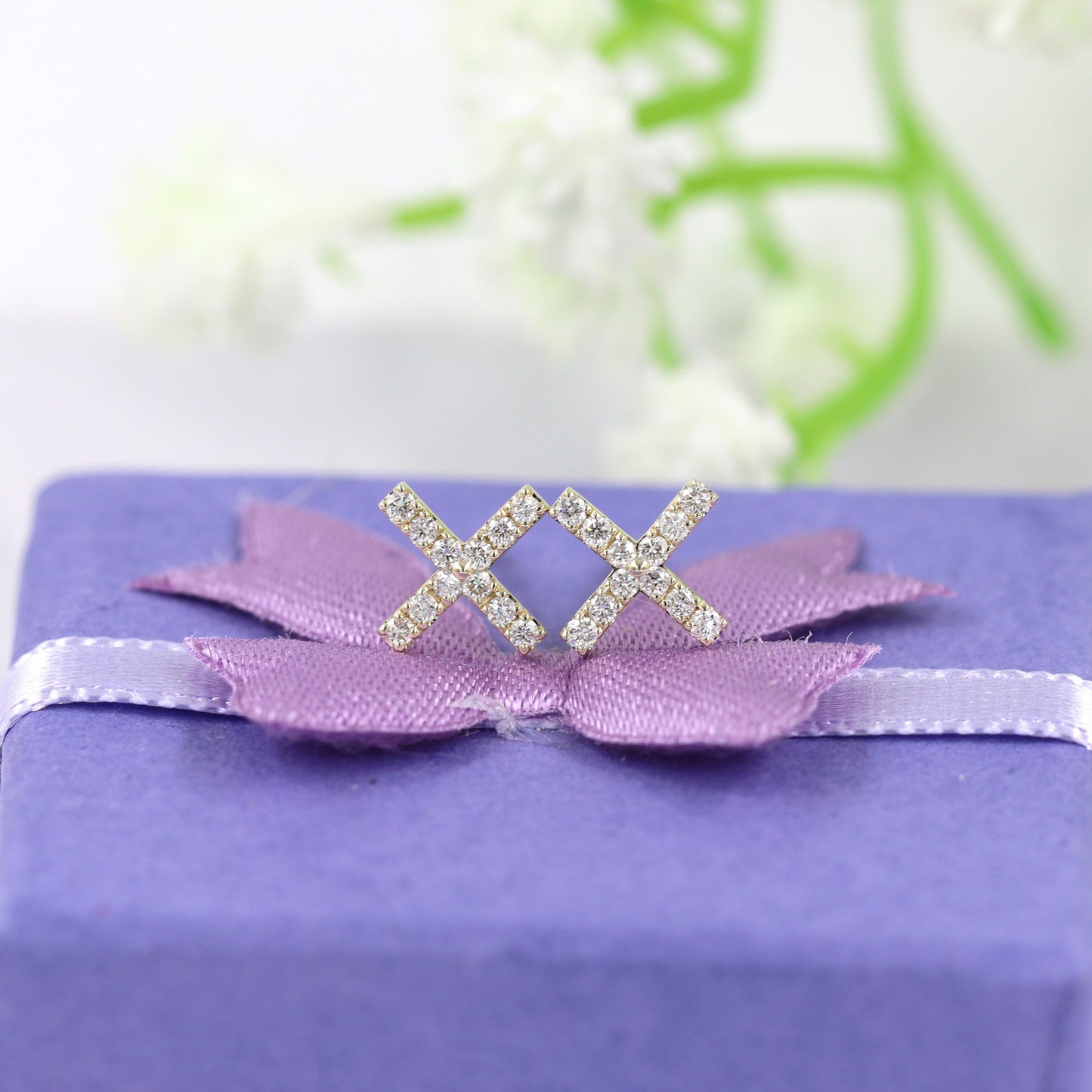 Natural Diamond X Earrings / Diamond Stud Double X Earring / 14k,18K gold Dainty Earring / Minimalist Diamond Earrings / Anniversary gift