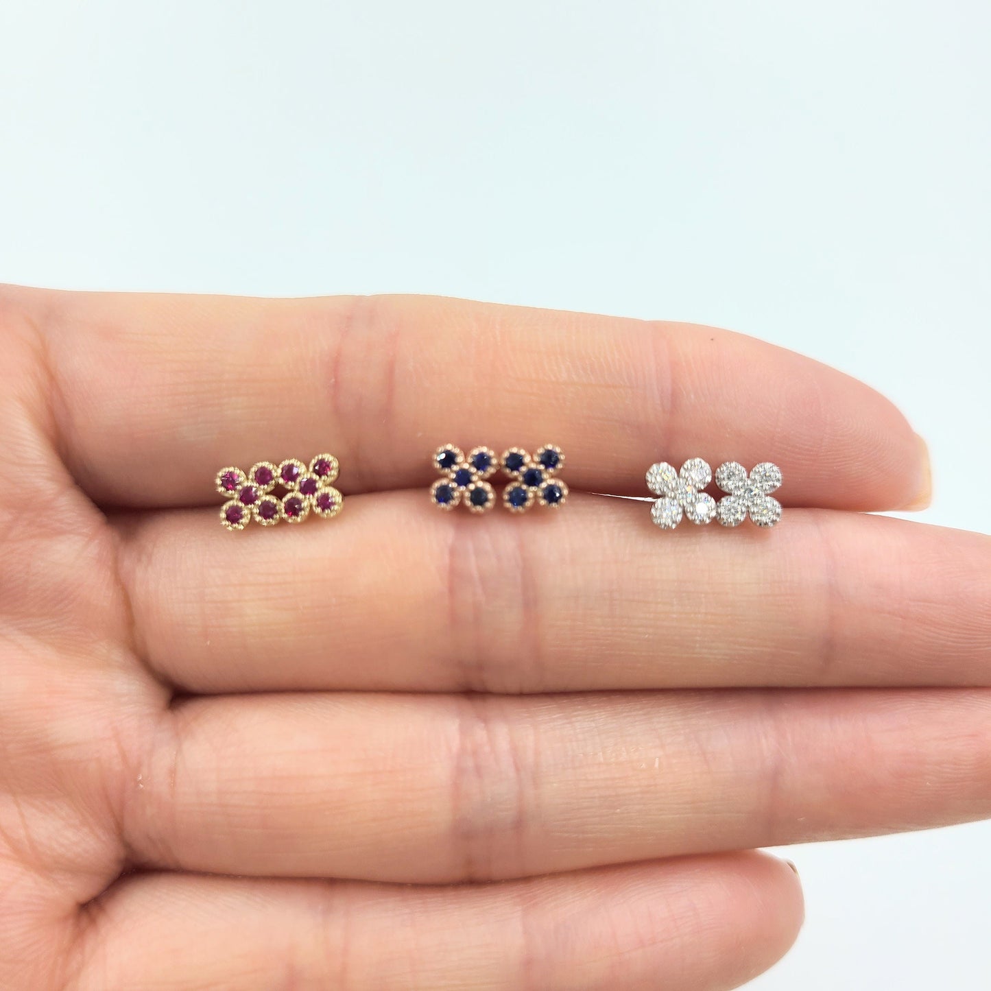 Natural Diamond, Sapphire, Ruby / 14K Gold Flower Stud Earrings / Anniversary gift Gift for her / Flower Stud Earrings