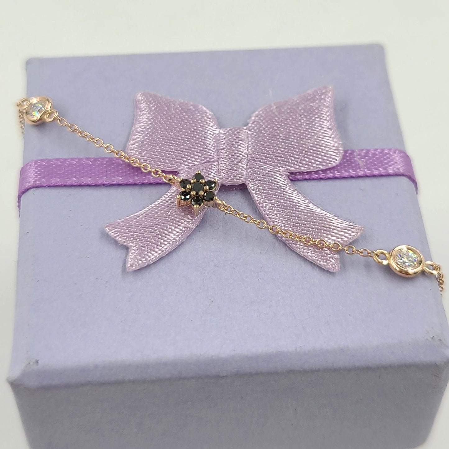 White and Black Diamond Charm in One Bracelet/14K gold Natural Diamond Bezel Bracelet/ Anniversary Bracelet /Flower Design Bracelet