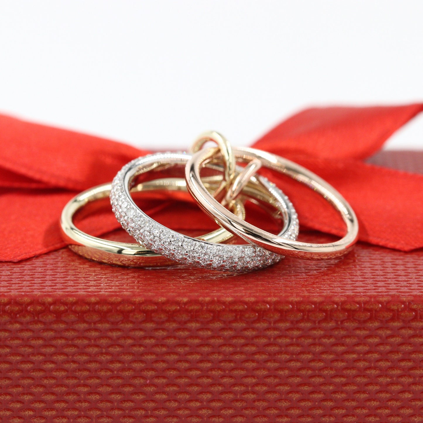 Stacking Rings with Connectors/Yellow Rose White gold 3 Bands with 2 connectors/3.3 mm Width Diamond Rings/Sean's Bundle of 3 Rings