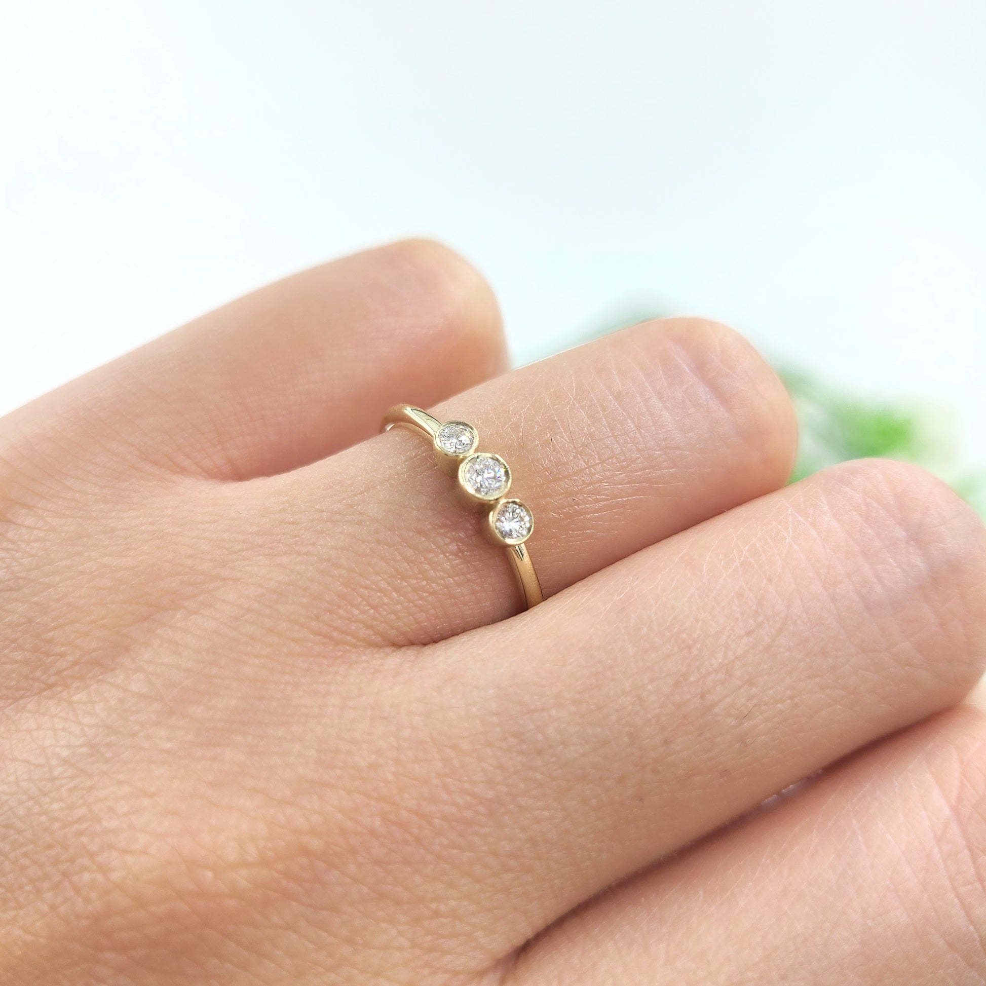 Dainty 14K Gold Natura Diamond Ring: Three Stone Bezel Setting Diamond Ring Anniversary gift