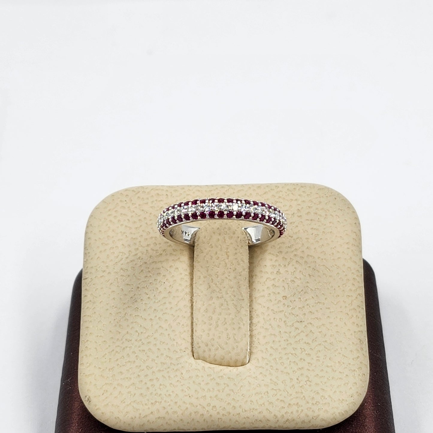 14K Gold 3 Row Natural Diamond,Ruby 3.3mm Wedding Band: 14K Gold 3/4 Eternity Stackable Ring-Anniversary Ring