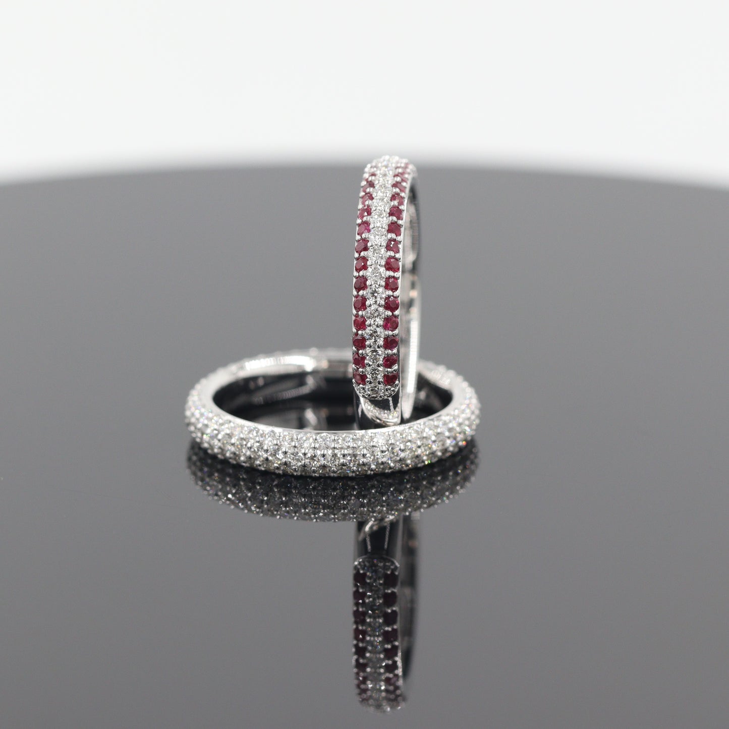 14K Gold 3 Row Natural Diamond,Ruby 3.3mm Wedding Band: 14K Gold 3/4 Eternity Stackable Ring-Anniversary Ring