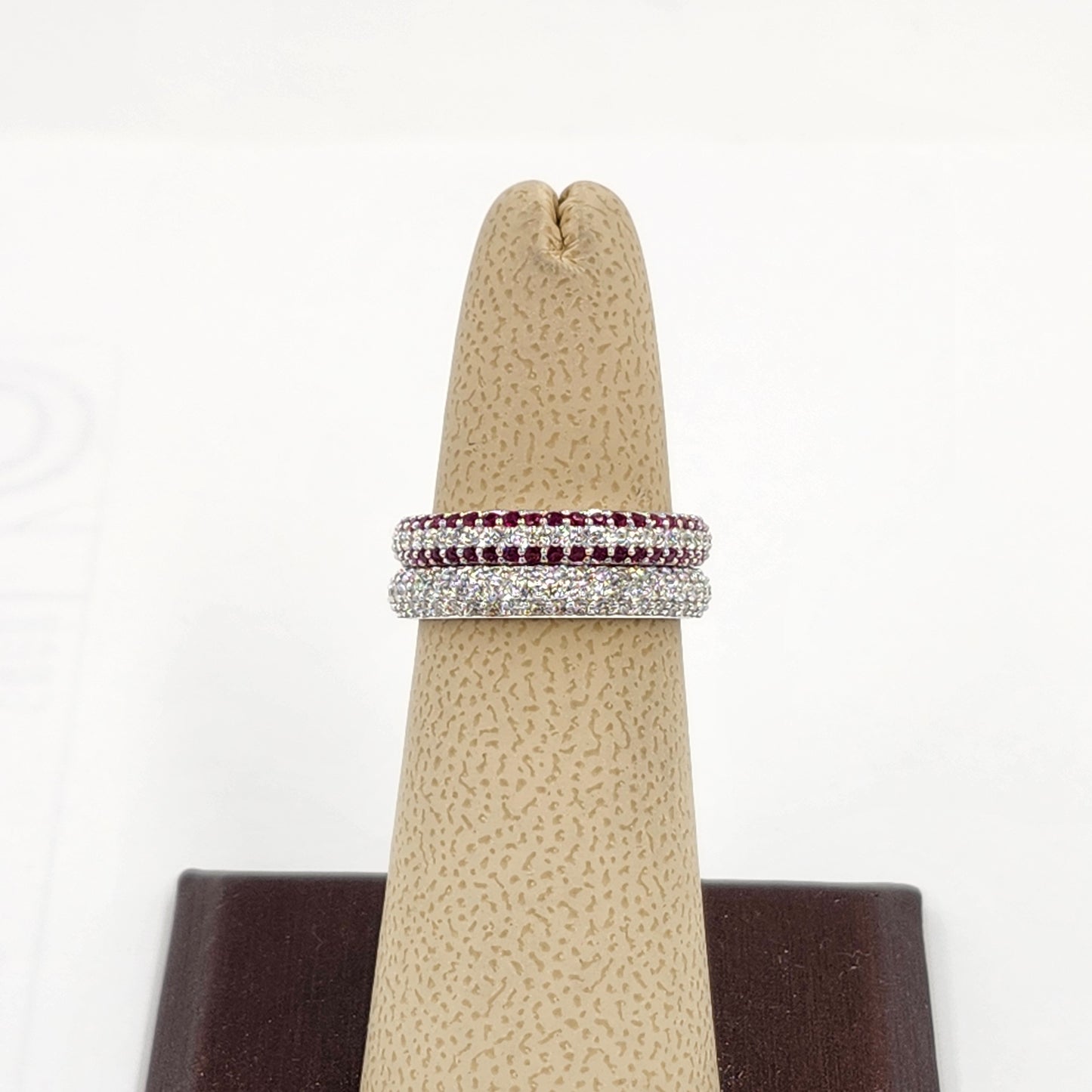 14K Gold 3 Row Natural Diamond,Ruby 3.3mm Wedding Band: 14K Gold 3/4 Eternity Stackable Ring-Anniversary Ring