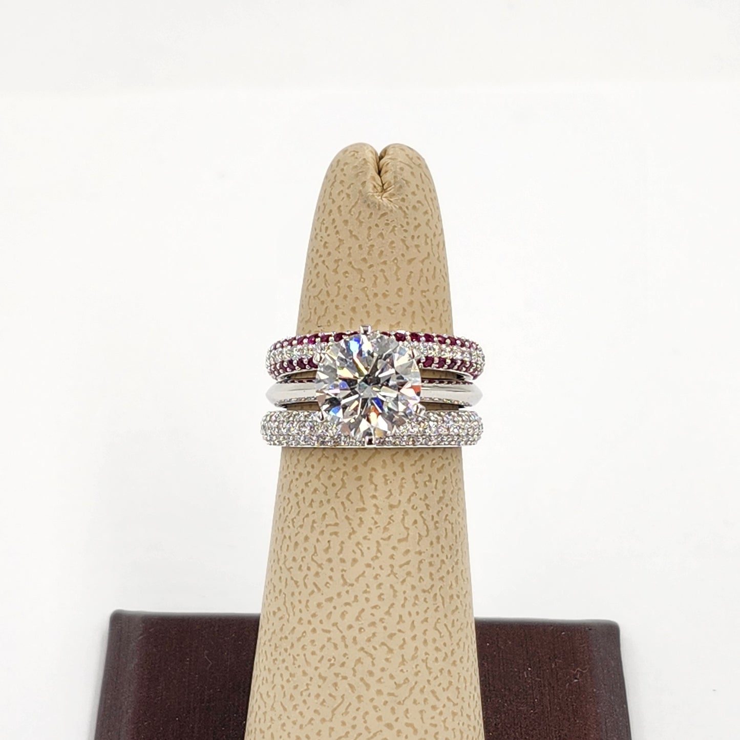 14K Gold 3 Row Natural Diamond,Ruby 3.3mm Wedding Band: 14K Gold 3/4 Eternity Stackable Ring-Anniversary Ring