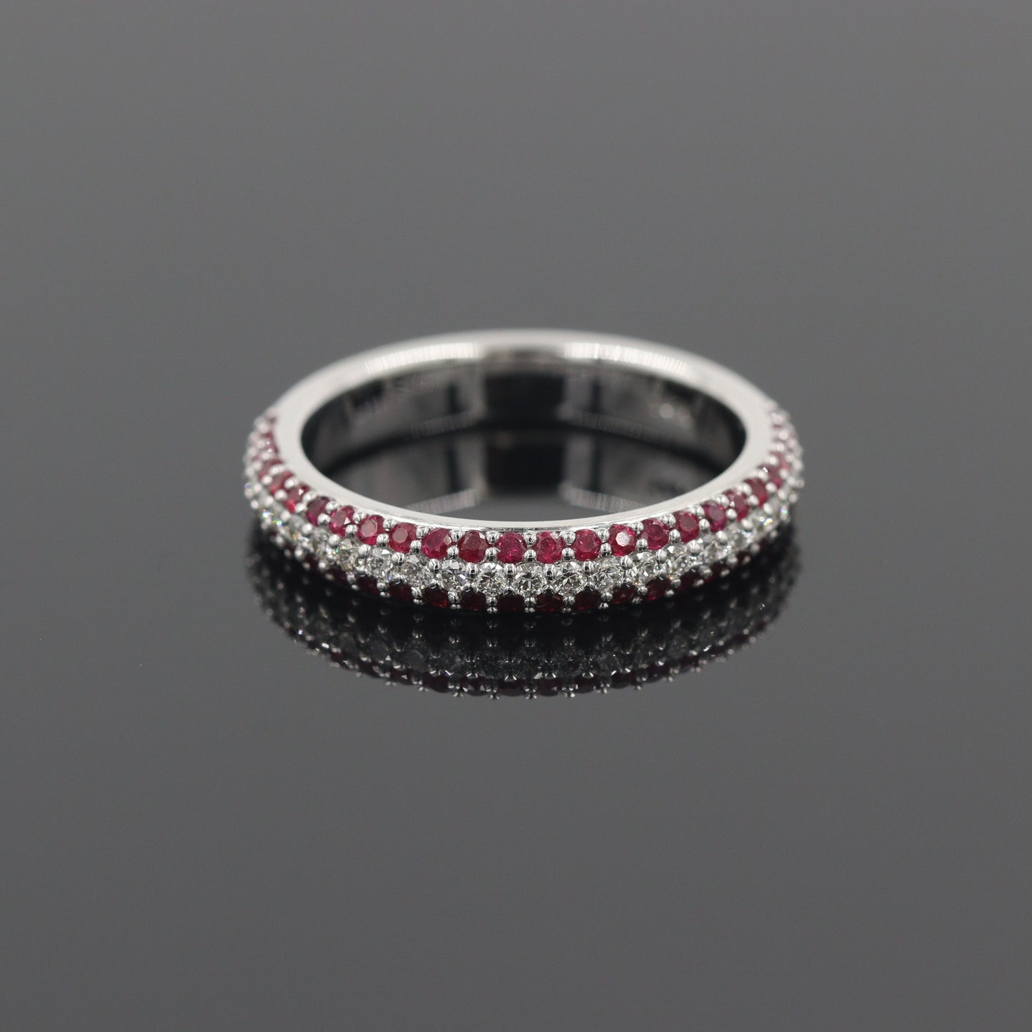 14K Gold 3 Row Natural Diamond,Ruby 3.3mm Wedding Band: 14K Gold 3/4 Eternity Stackable Ring-Anniversary Ring