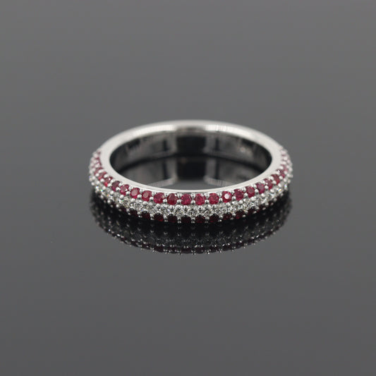 14K Gold 3 Row Natural Diamond,Ruby 3.3mm Wedding Band: 14K Gold 3/4 Eternity Stackable Ring-Anniversary Ring