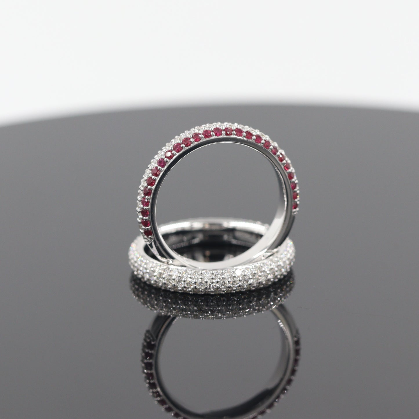 14K Gold 3 Row Natural Diamond,Ruby 3.3mm Wedding Band: 14K Gold 3/4 Eternity Stackable Ring-Anniversary Ring