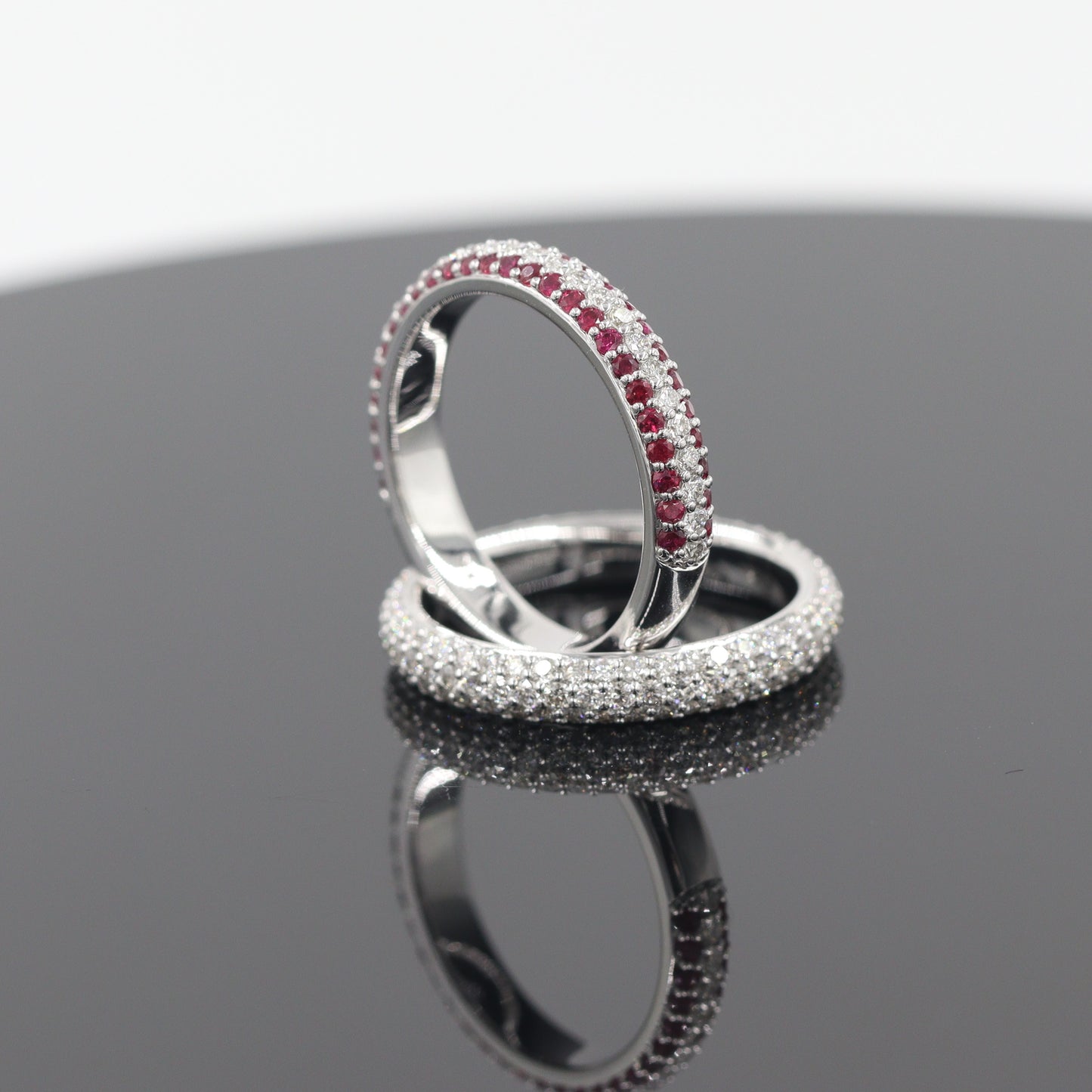 14K Gold 3 Row Natural Diamond,Ruby 3.3mm Wedding Band: 14K Gold 3/4 Eternity Stackable Ring-Anniversary Ring
